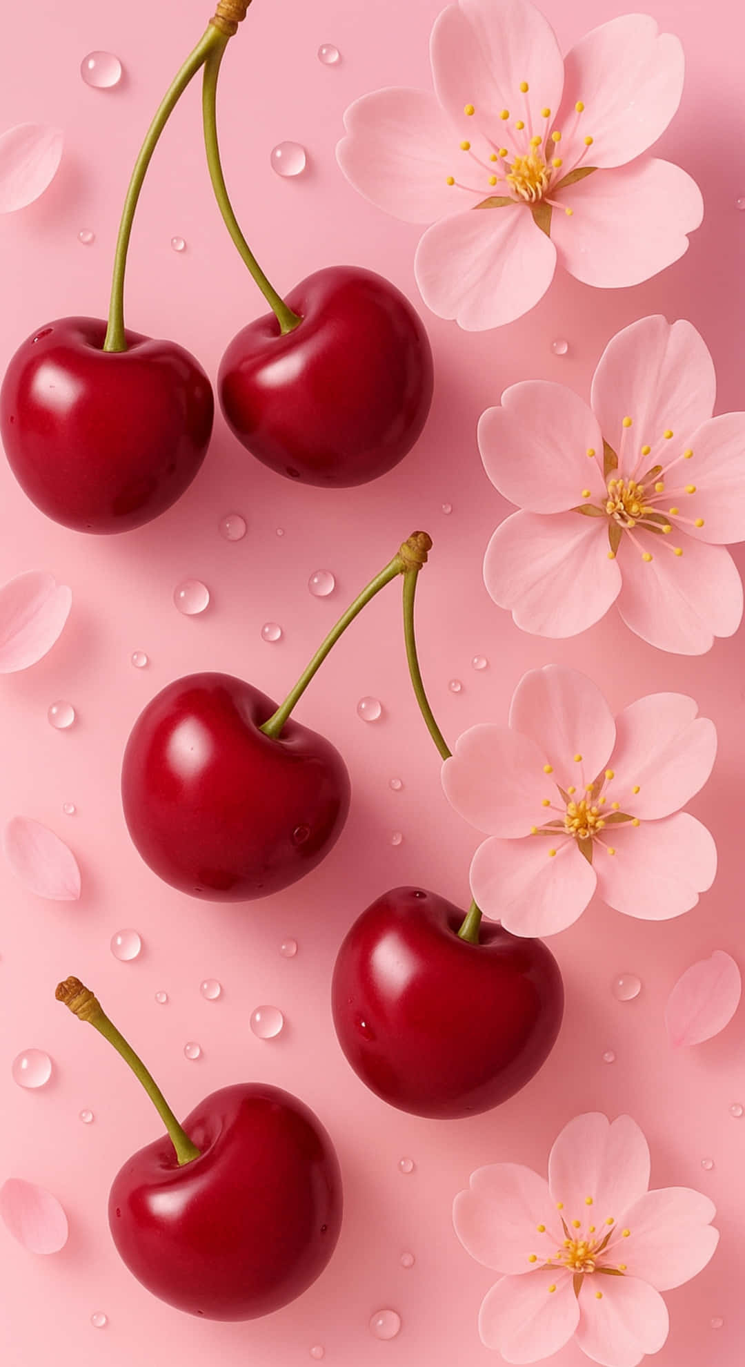 Coquette Cherry, glossy red cherries, delicate pink cherry blossoms, Full HD Phone Wallpaper