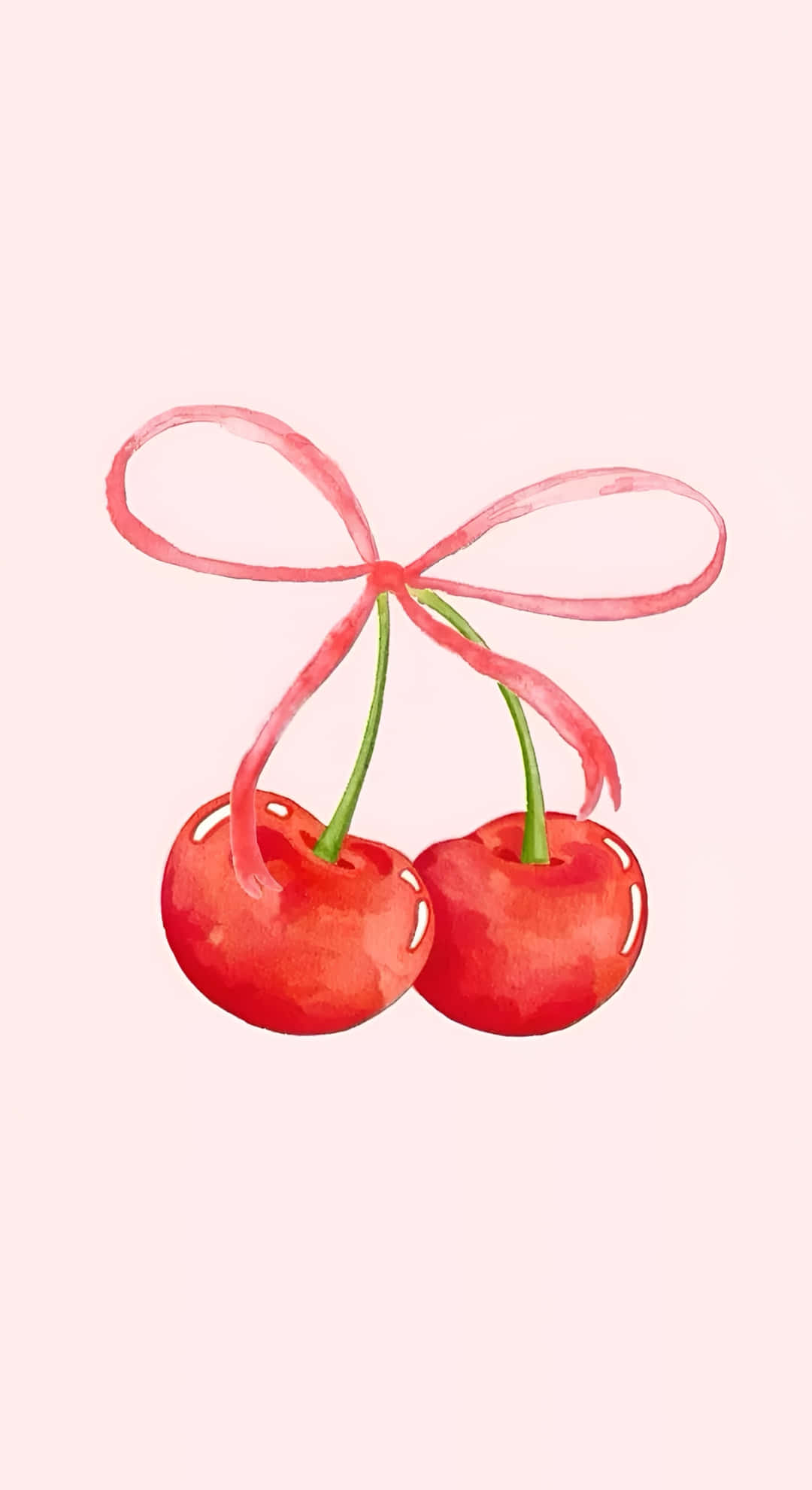 Coquette Cherry, glossy red cherries, soft pink ribbon bow, Full HD Phone Wallpaper