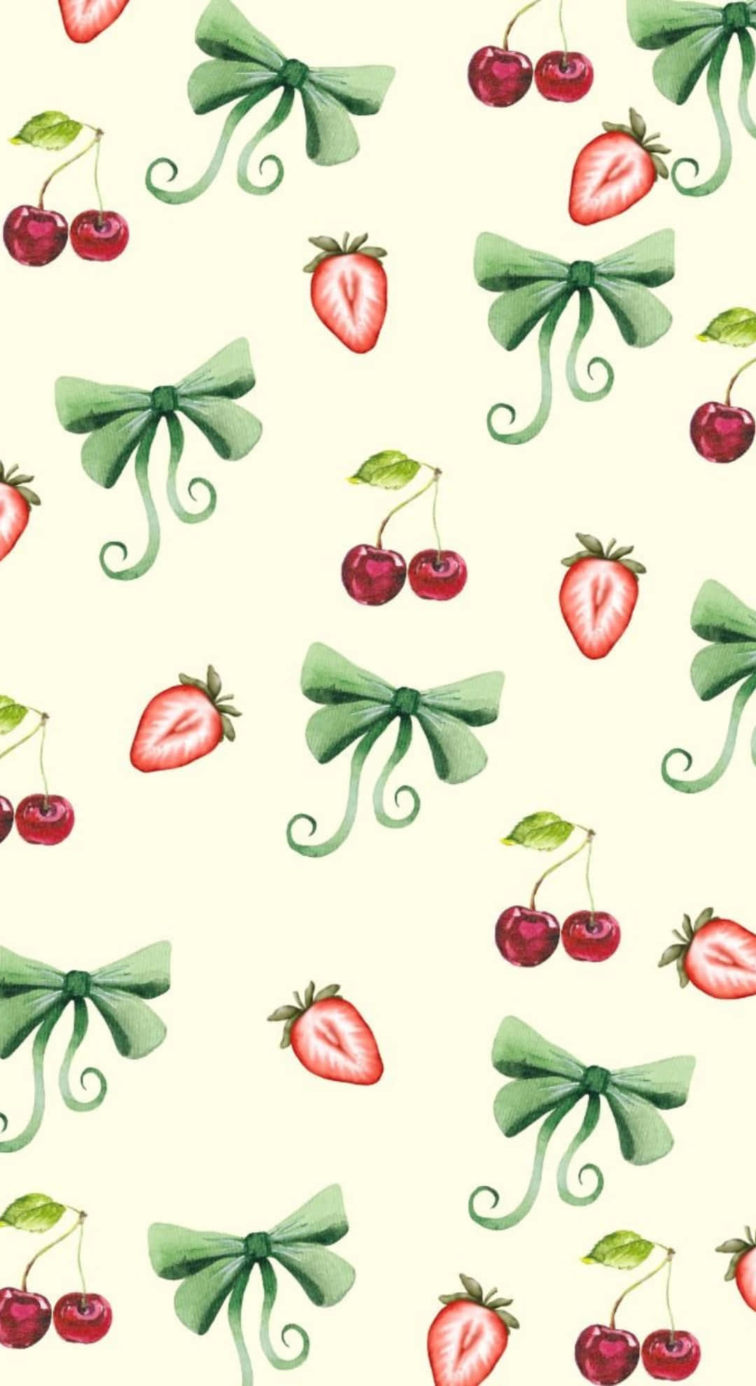 Coquette Cherry, watercolor green bows, red cherries, Full HD Phone Wallpaper