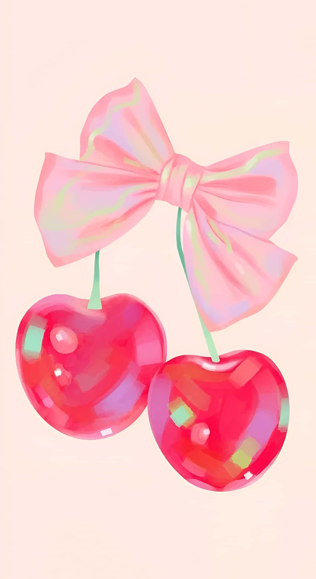 Coquette Cherry, glossy red cherries, green stems, Full HD Phone Wallpaper