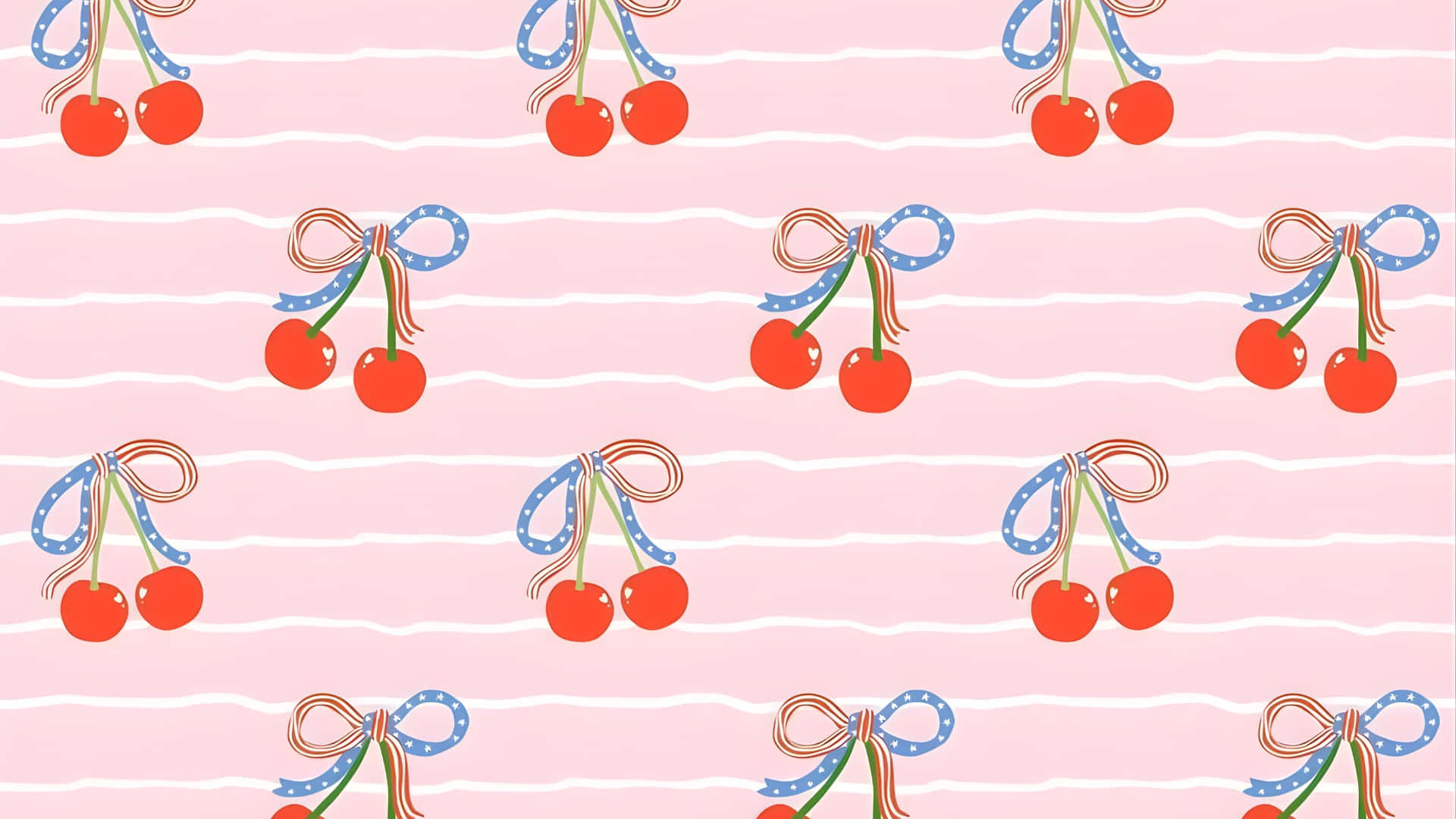 Coquette Cherry, red cherries, blue polka dot bows, Full HD Desktop Wallpaper