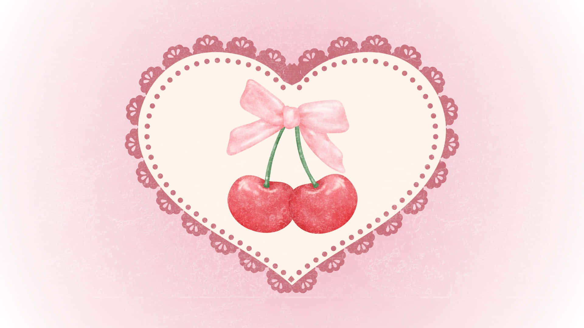 Coquette Cherry, glossy red cherries, pink bow, Full HD Desktop Wallpaper