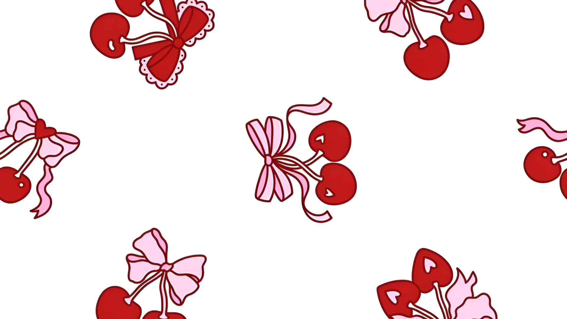 Coquette Cherry, red cherries, pink bows, Full HD Desktop Wallpaper
