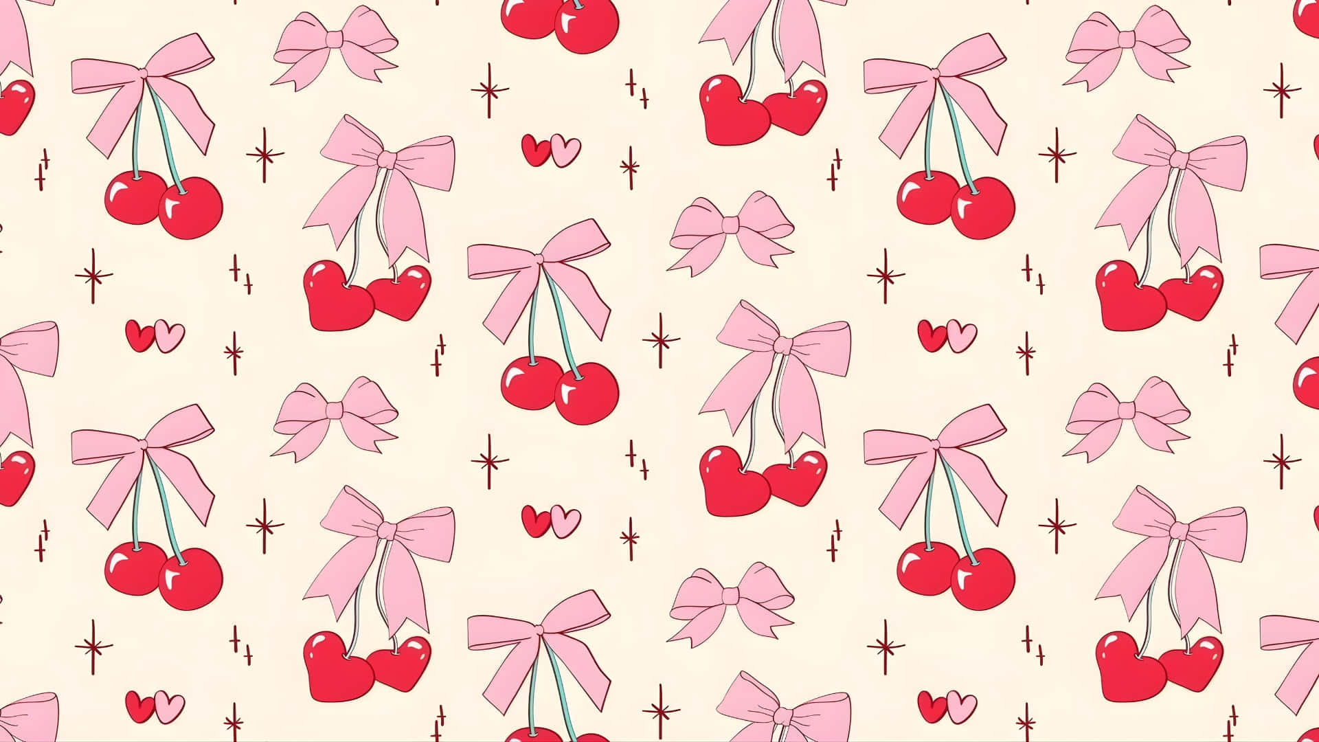 Coquette Cherry, red cherries, pink bows, Full HD Desktop Wallpaper
