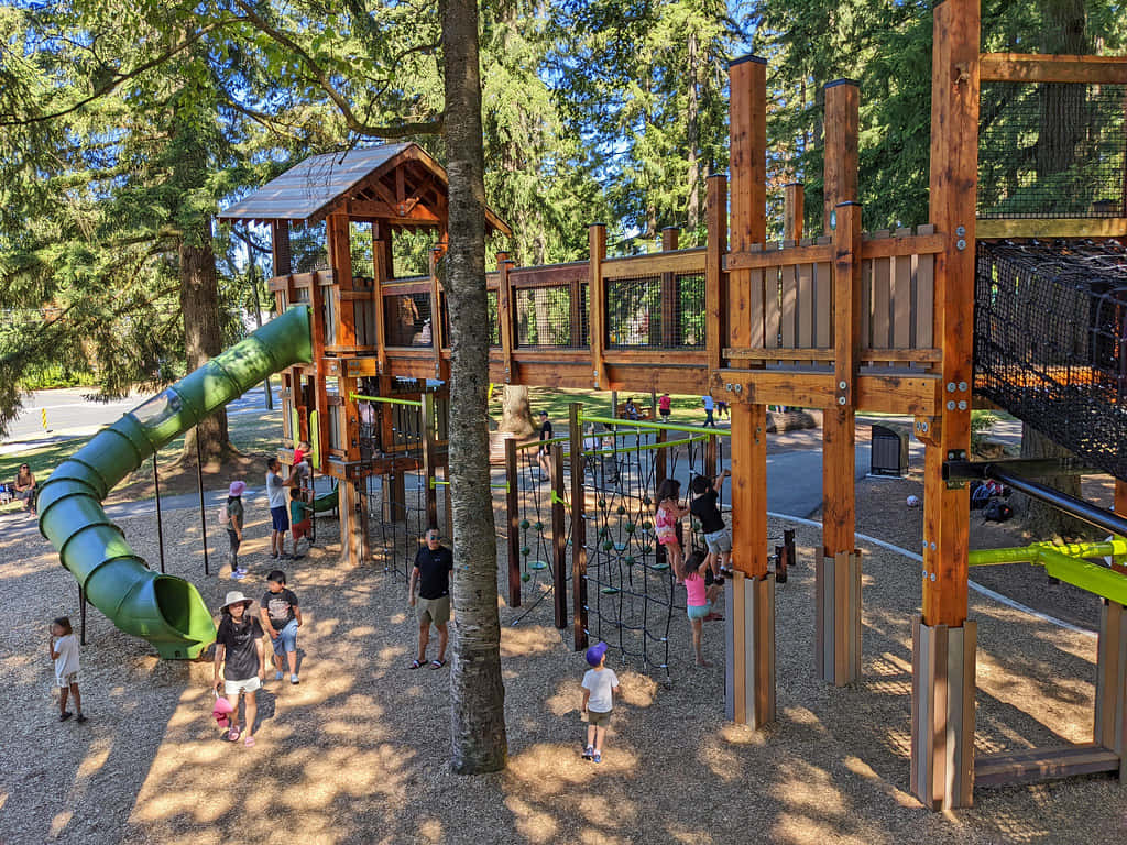 Coquitlam, wooden playground, green spiral slide, SD Desktop Wallpaper