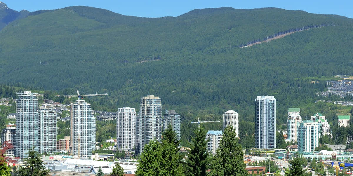 Coquitlam, modern glass skyscrapers, lush green forested mountains, SD Desktop Wallpaper