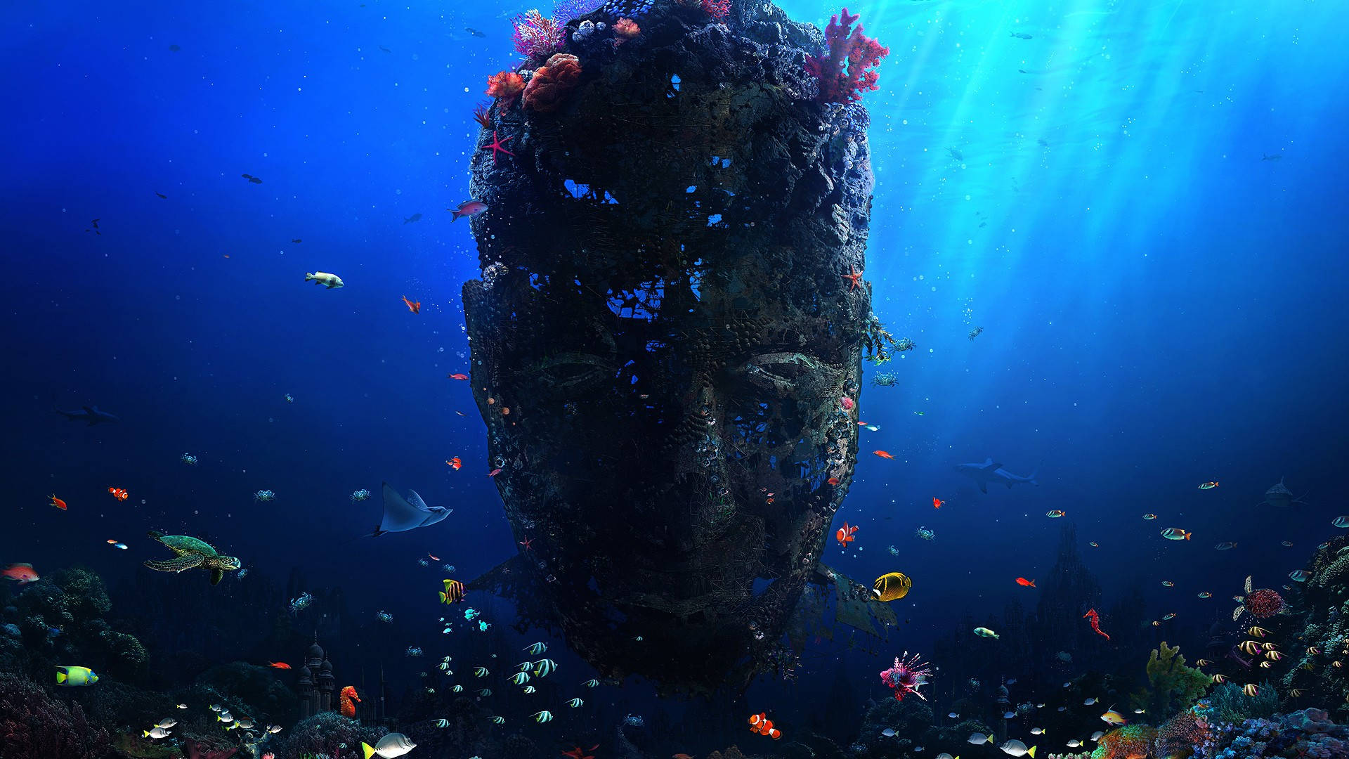 large coral reef, dark ocean, colossal submerged stone head, Full HD Desktop Wallpaper