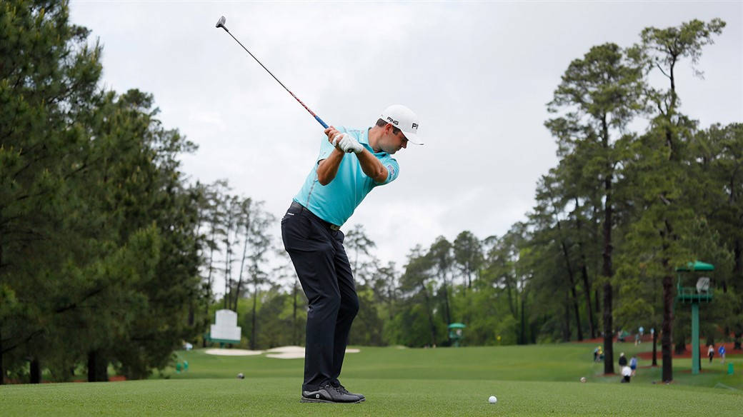 Corey Conners, turquoise shirt, lush green course, SD Desktop Wallpaper