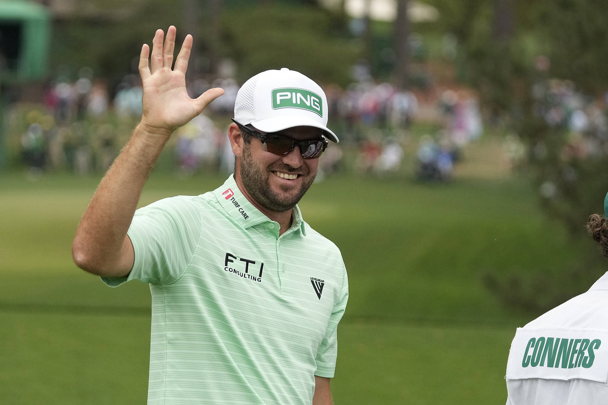 Corey Conners, light green shirt, white cap, Full HD Desktop Wallpaper