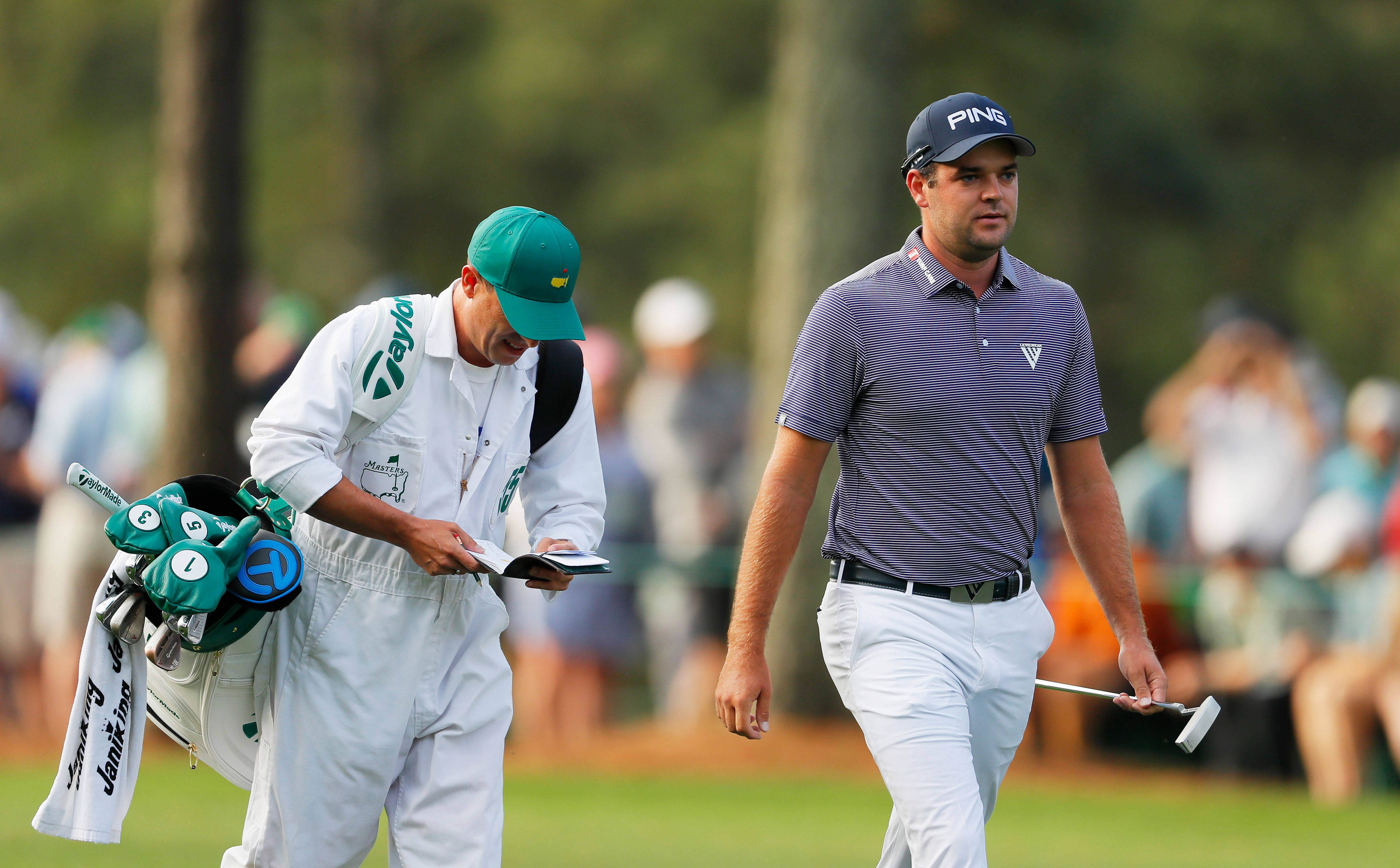 Corey Conners, caddie, lush green fairway, 4K Desktop Wallpaper