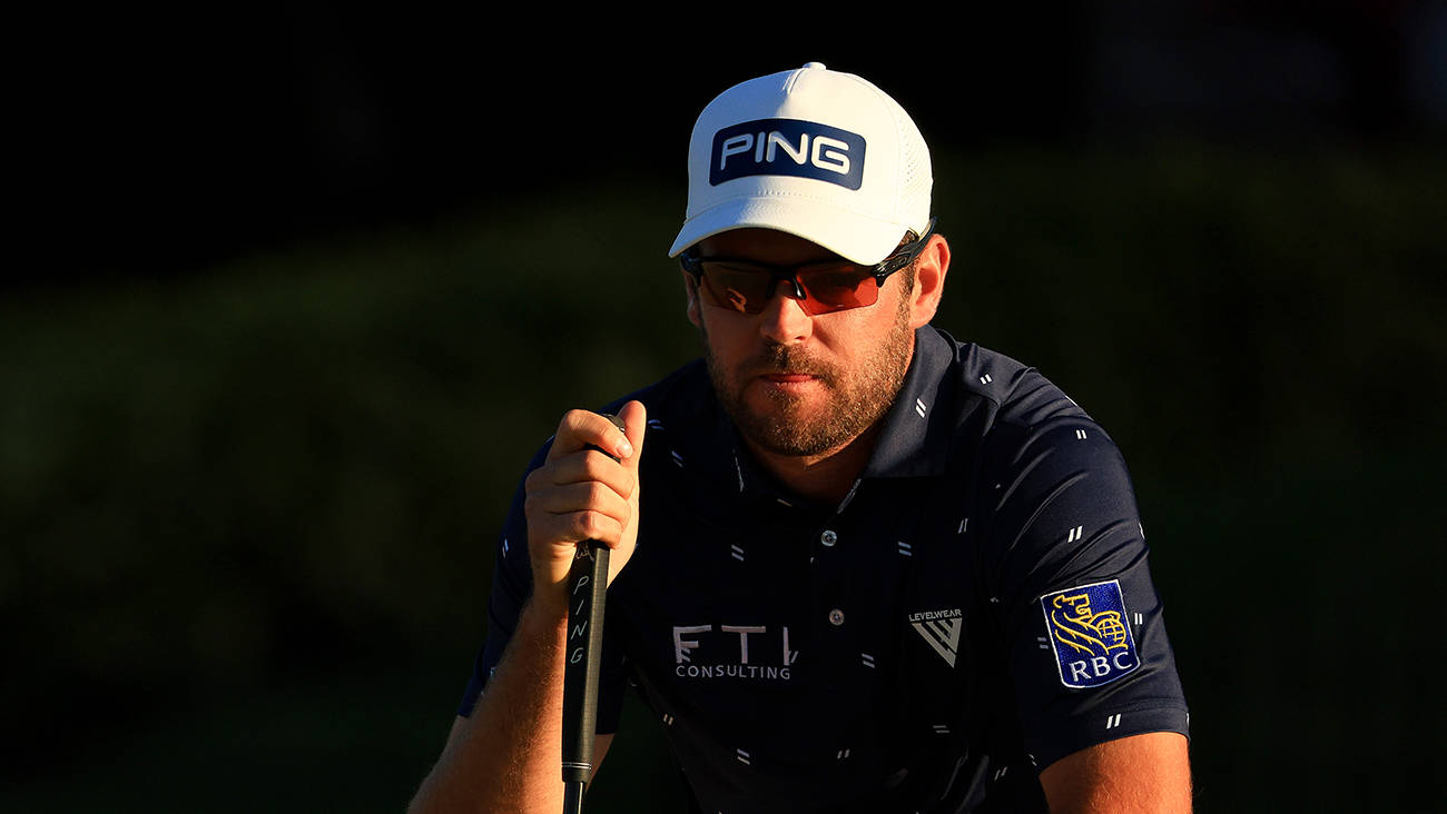 Corey Conners, white PING cap, dark polo, HD Desktop Wallpaper