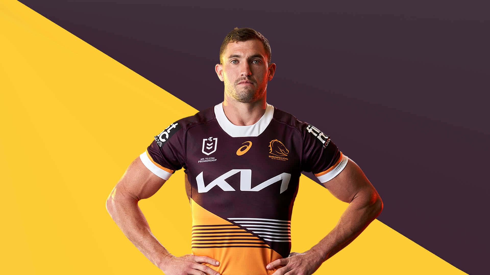 Corey Oates, maroon and gold jersey, yellow and purple diagonal background, Full HD Desktop Wallpaper