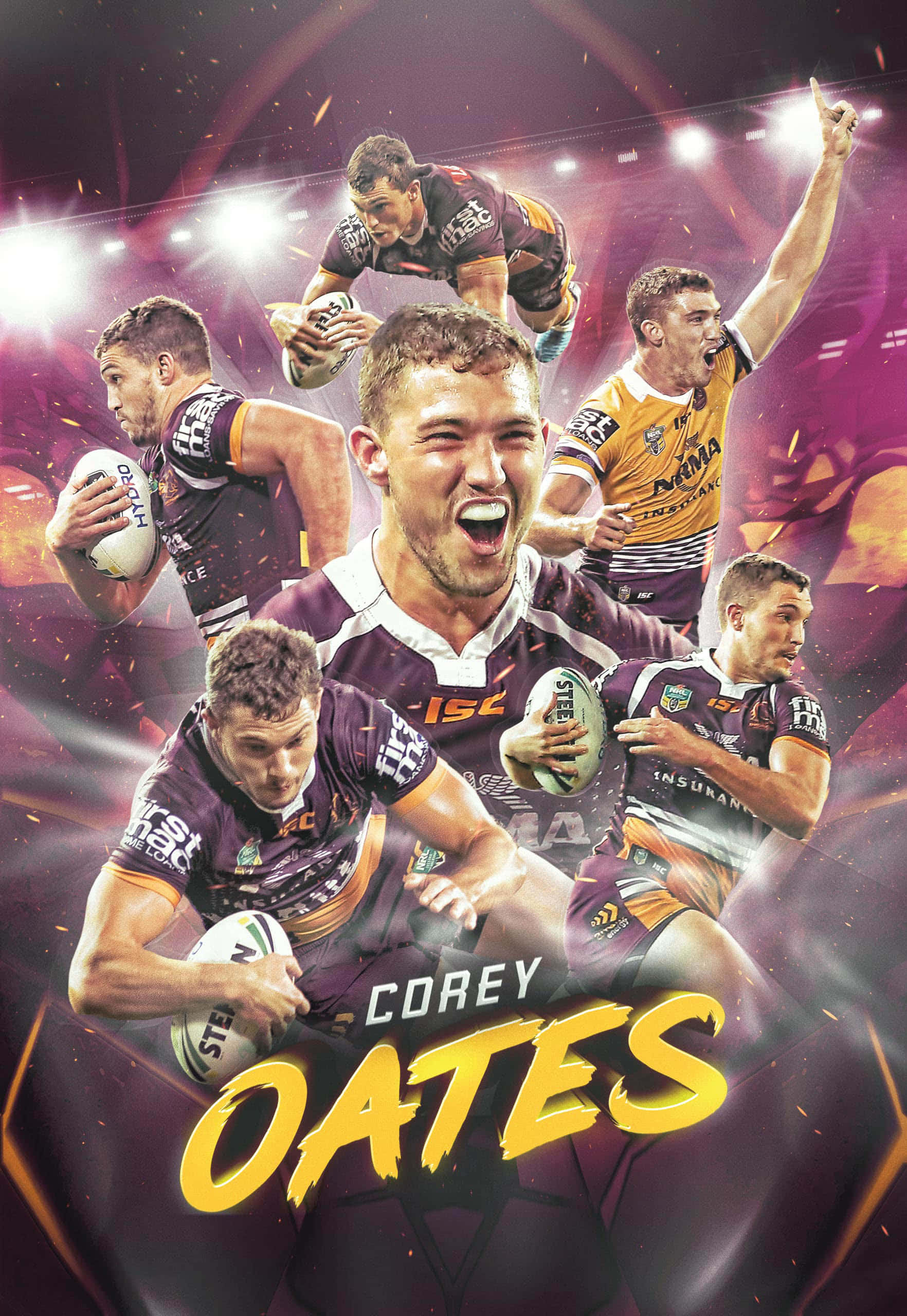 Corey Oates, rugby league players, vibrant purple and gold stadium backdrop, 2K Phone Wallpaper