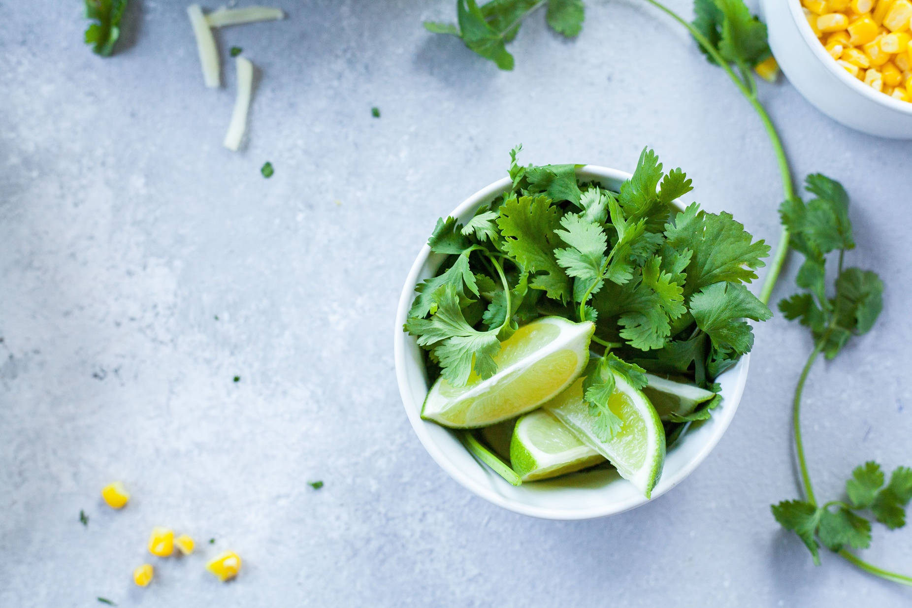 coriander herbs, sliced limes, white bowl, HD Desktop Wallpaper