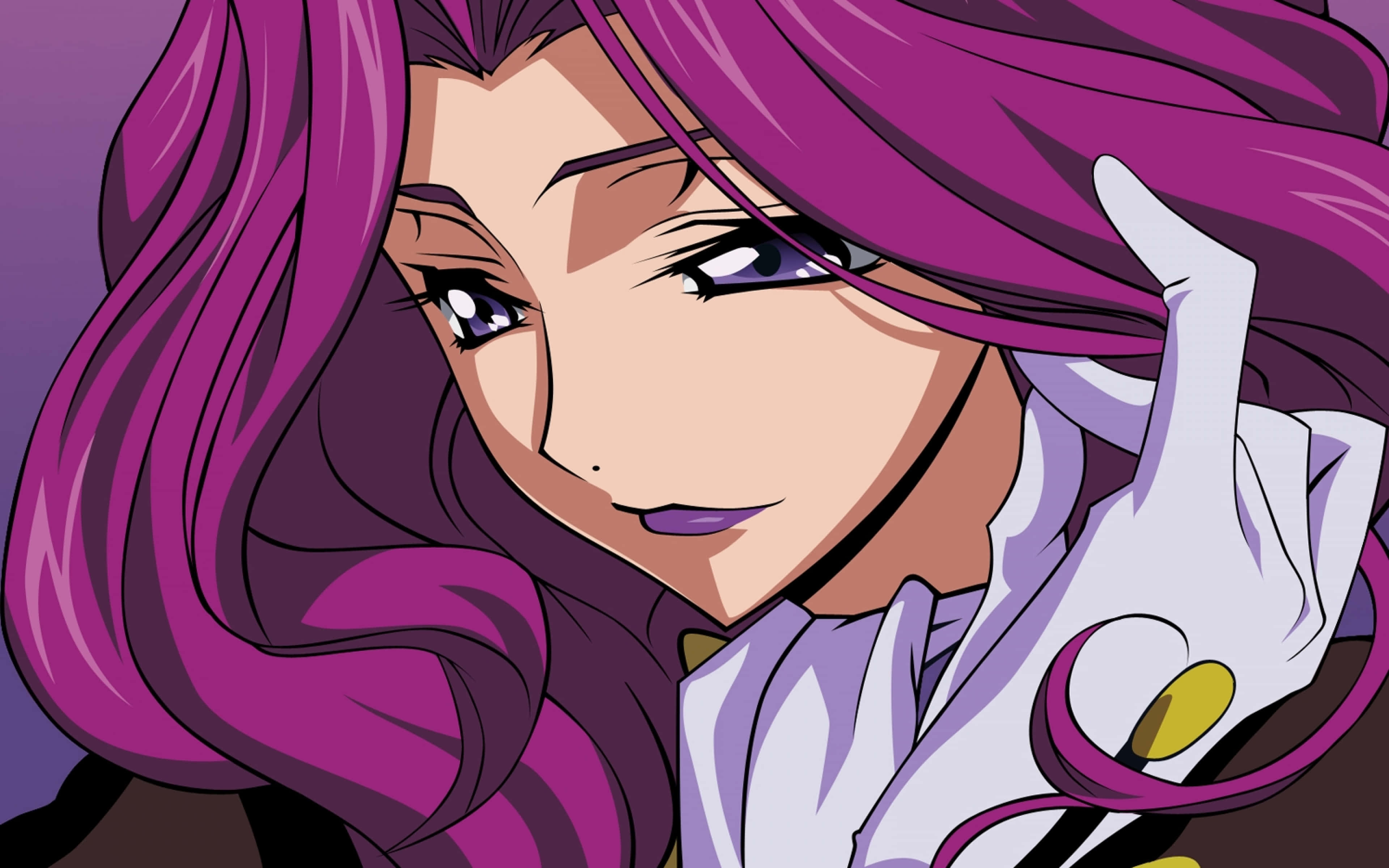 Cornelia li Britannia, long flowing purple hair, confident smirk, 4K Desktop Wallpaper