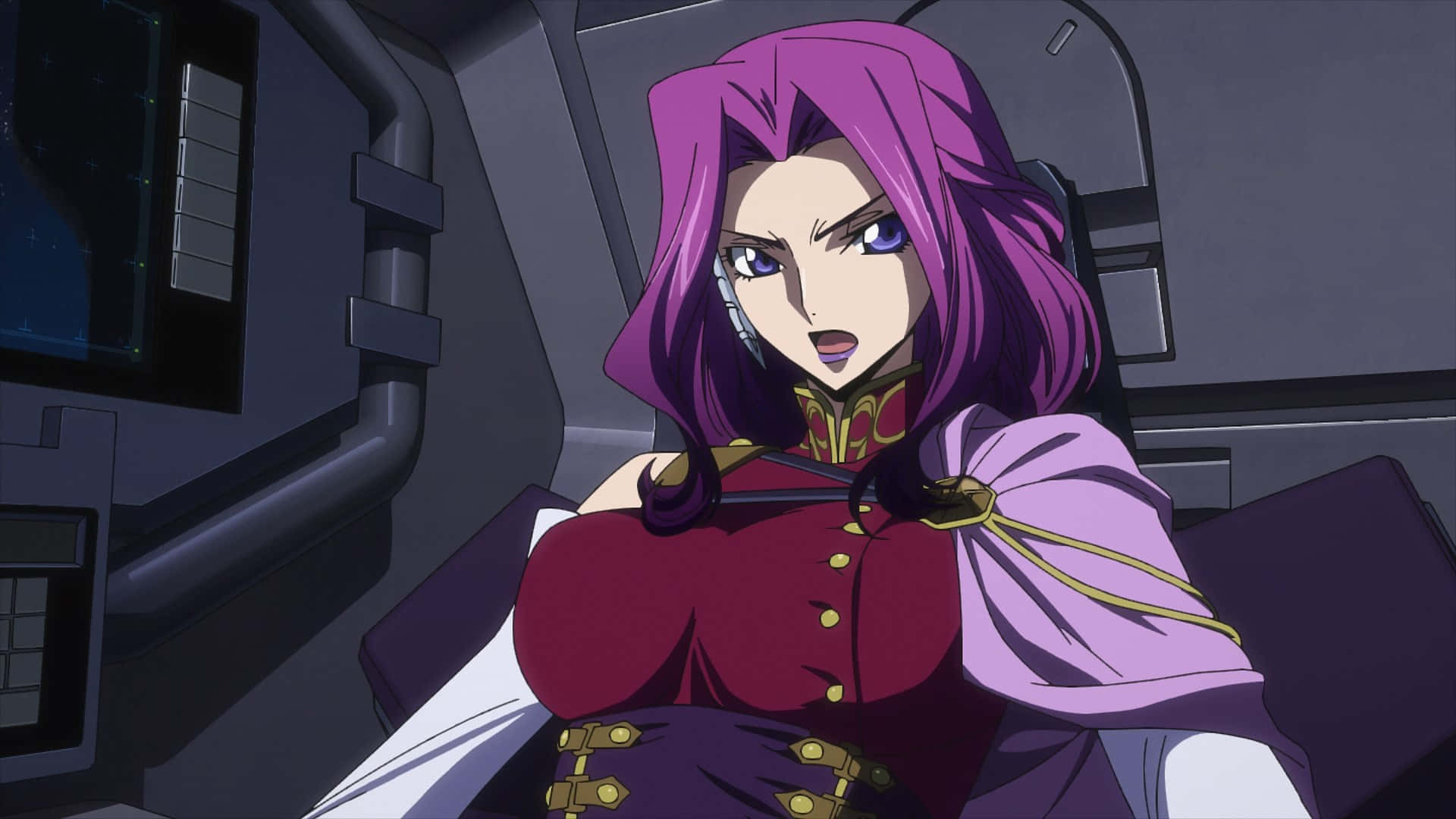 Cornelia li Britannia, purple hair, futuristic cockpit, Full HD Desktop Wallpaper