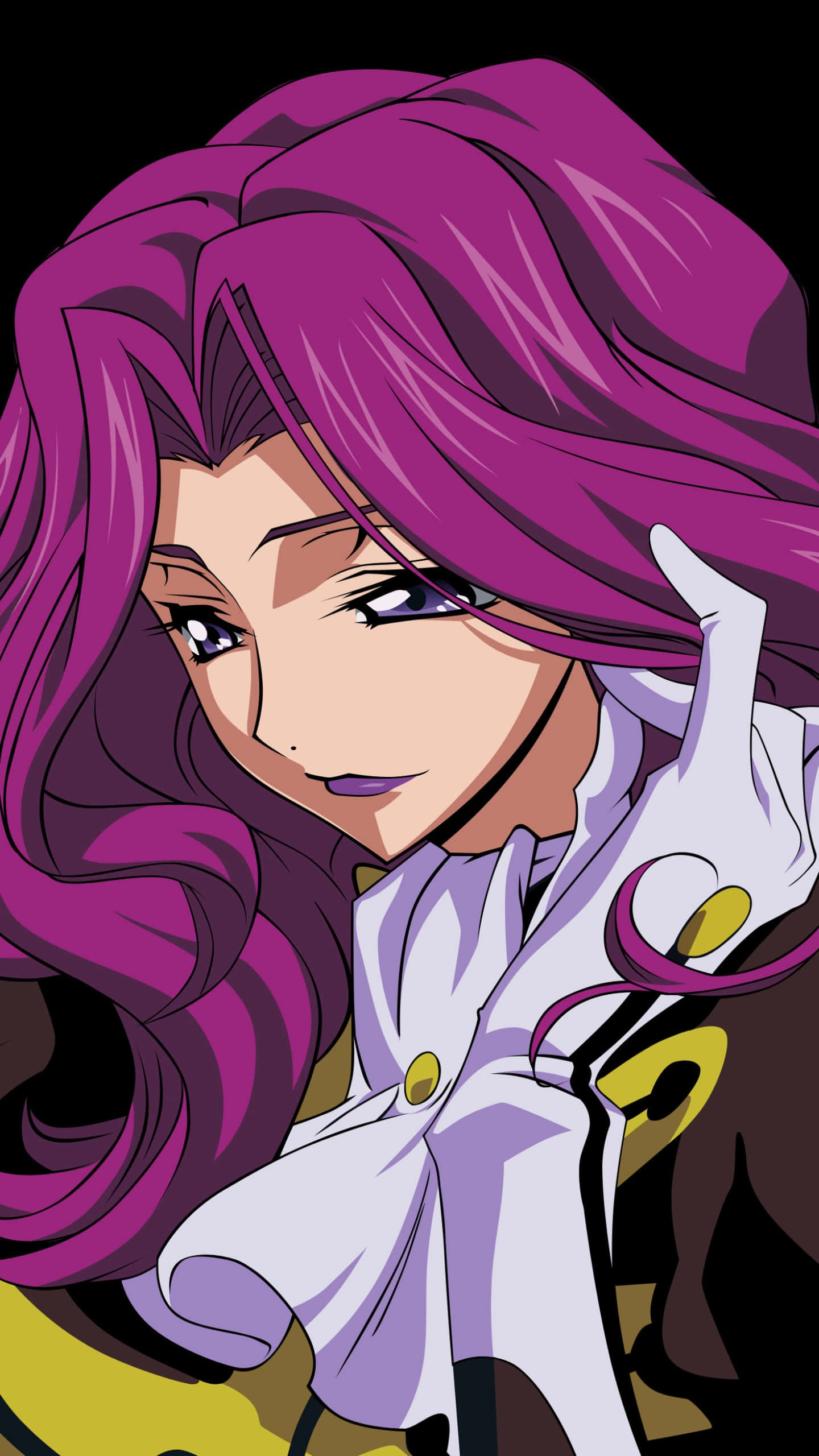 Cornelia li Britannia, long flowing purple hair, confident smirk, 2K Phone Wallpaper