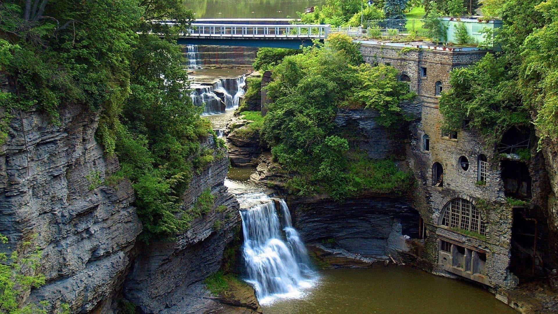 Cornell University, waterfalls, aerial, Full HD Desktop Wallpaper