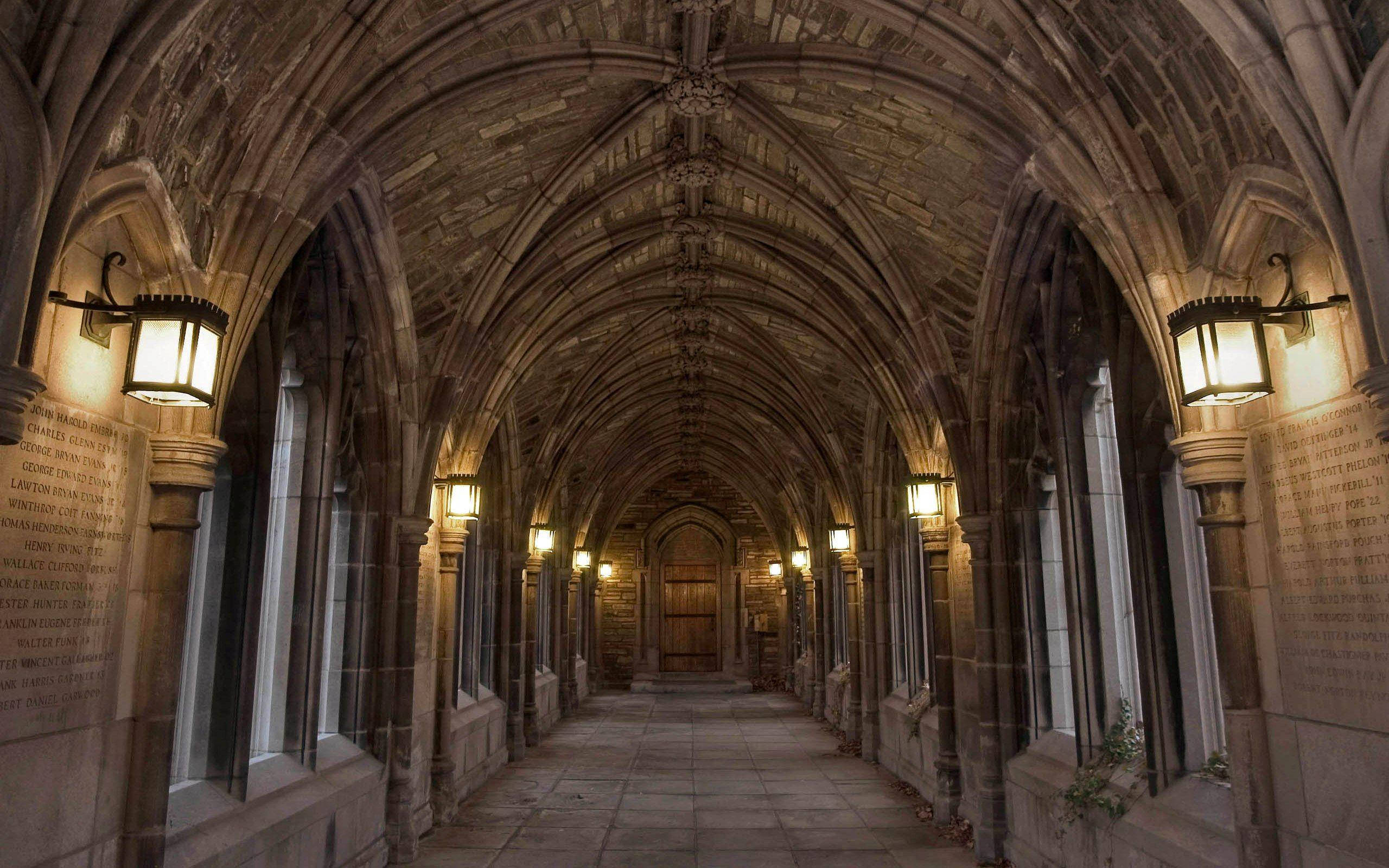 Cornell University, medieval hallway, stone cloister, 2K Desktop Wallpaper