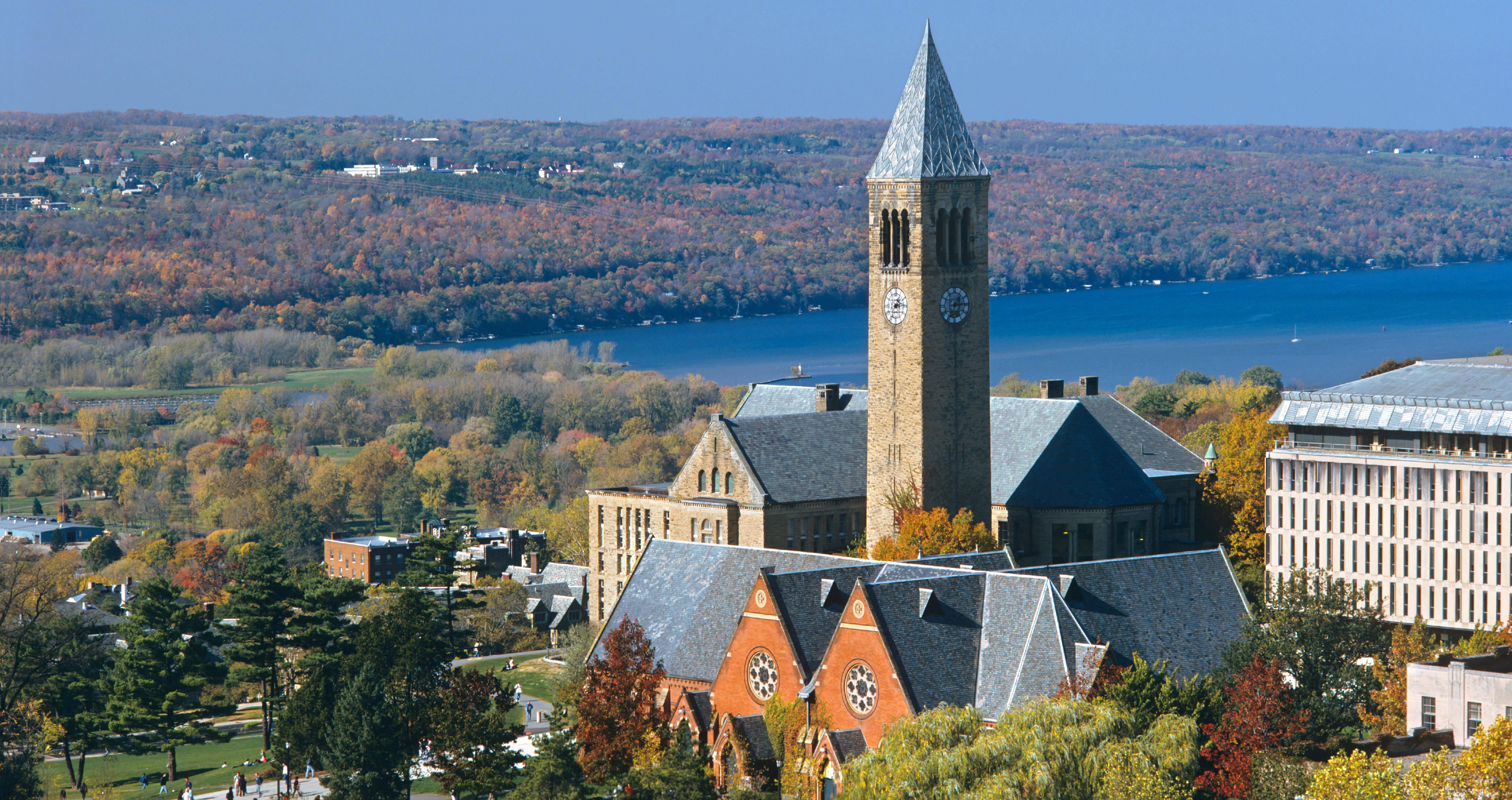 Cornell University, stone clock tower, autumn foliage, 5K Desktop Wallpaper