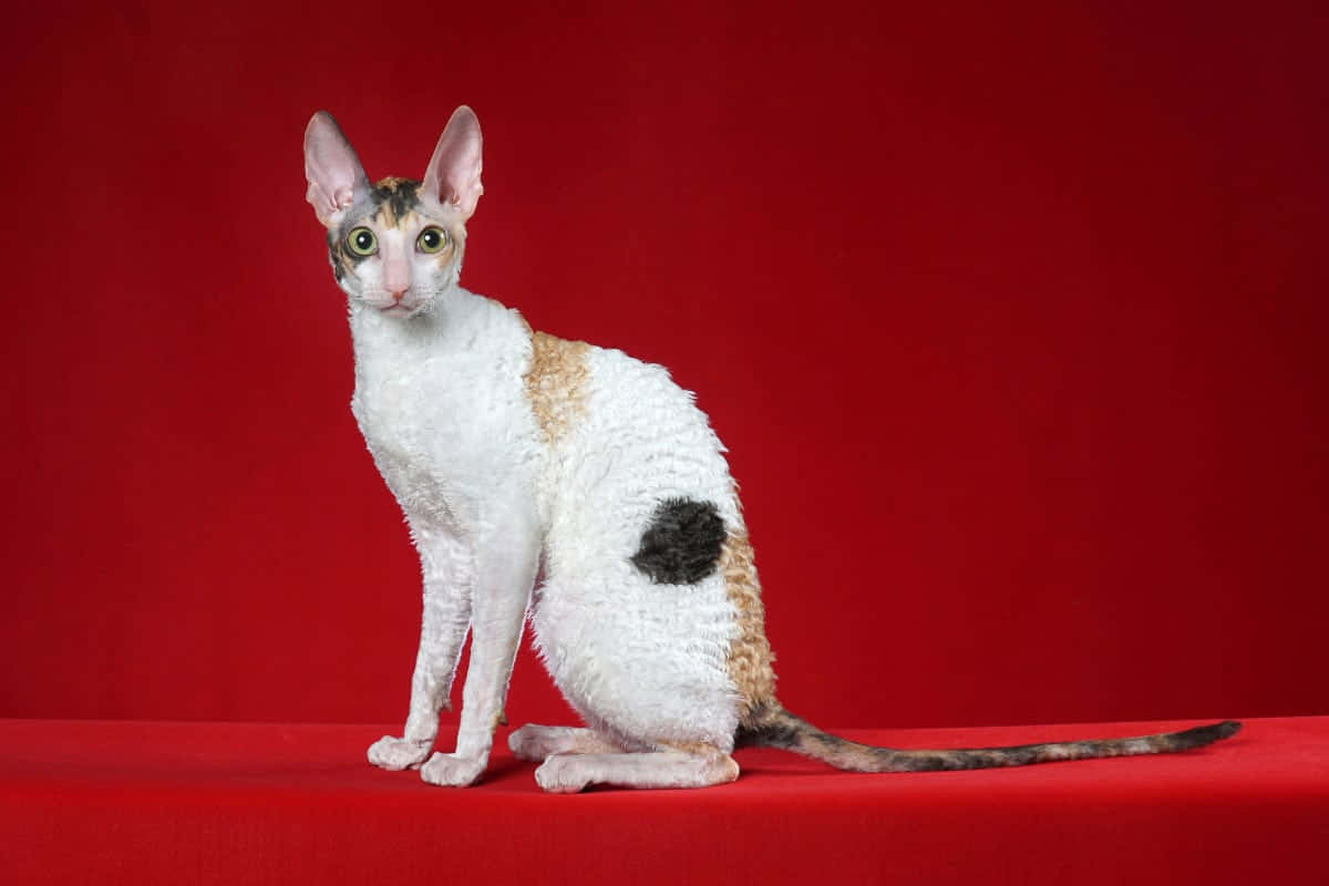 Cornish Rex, white and brown patches, red surface, SD Desktop Wallpaper