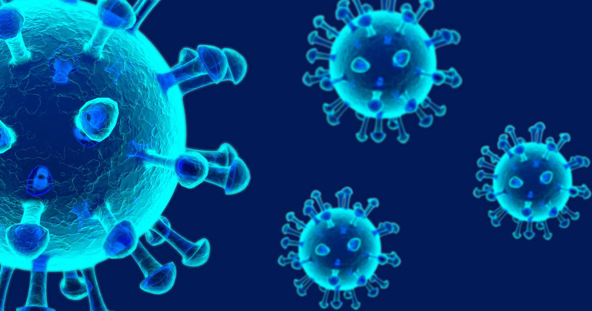 luminous blue coronavirus, glowing cyan virus particles, deep blue background, SD Desktop Wallpaper