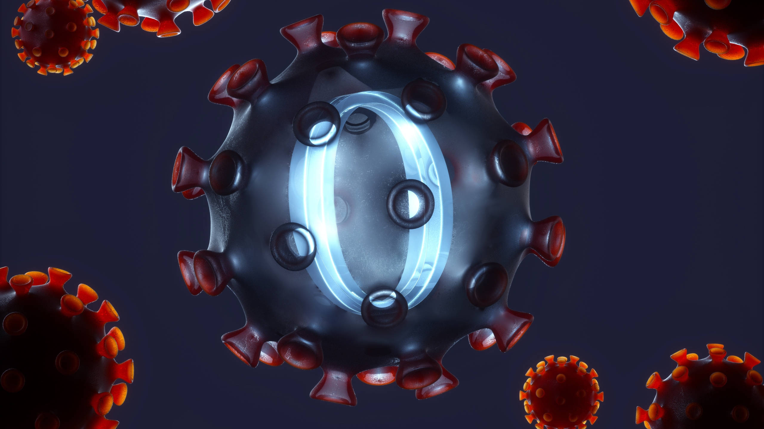 blue, glowing blue letter O, black virus particle, 2K Desktop Wallpaper