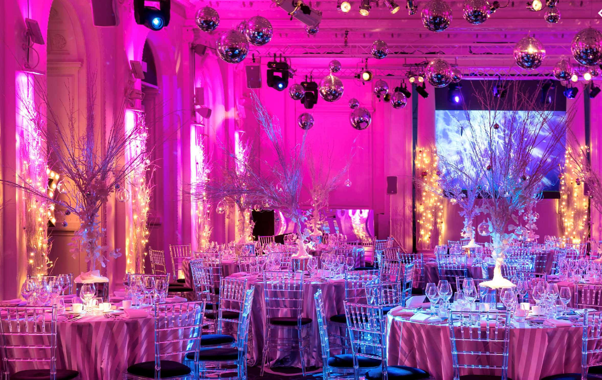 corporate event, banquet hall, vibrant pink and purple lights, Full HD Desktop Wallpaper