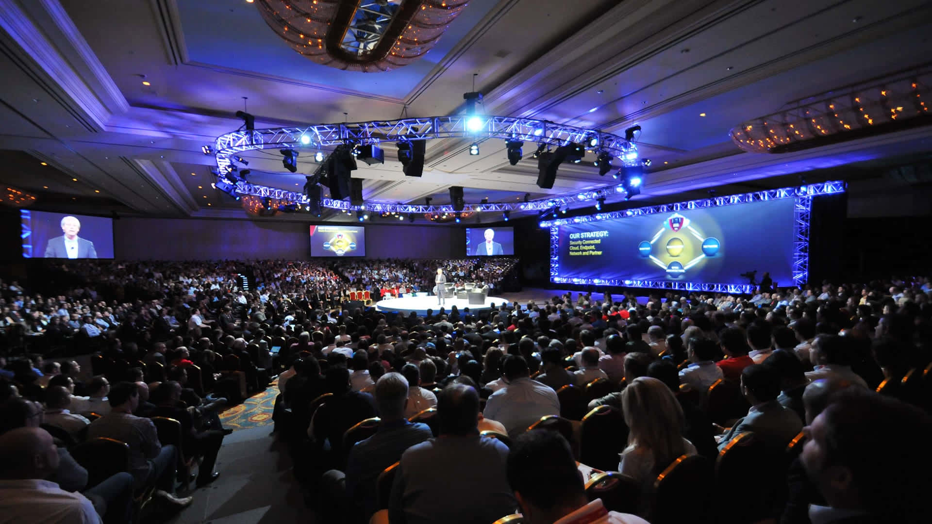 Corporate Event, grand ballroom, blue stage lights, Full HD Desktop Wallpaper