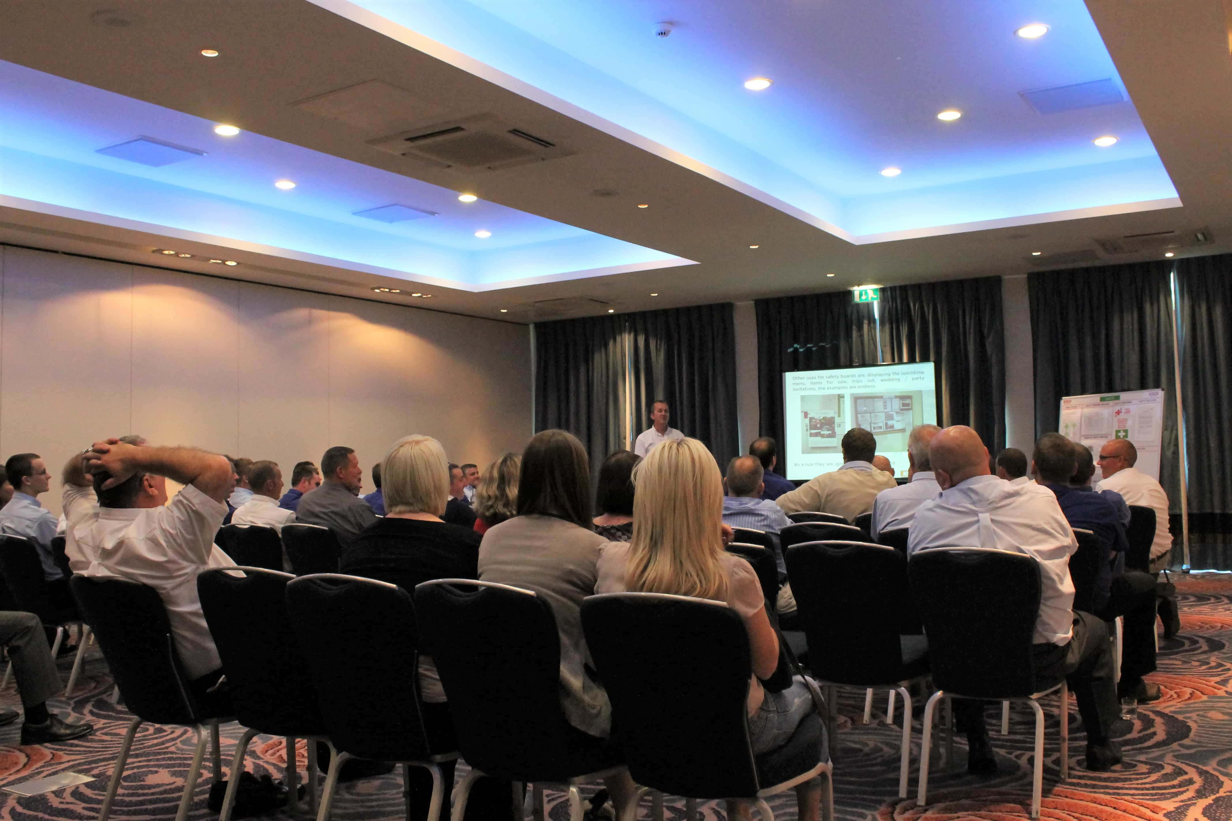 Corporate Event, modern conference room, blue ceiling lights, 4K Desktop Wallpaper