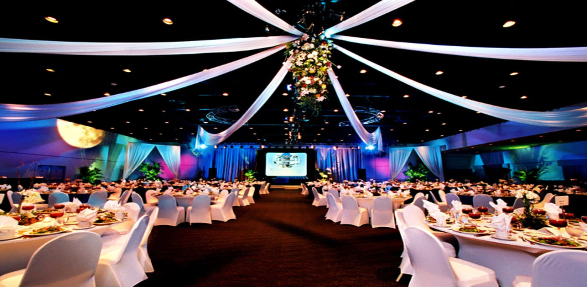 Corporate Event, white draped tables, glowing blue and purple lights, Full HD Desktop Wallpaper