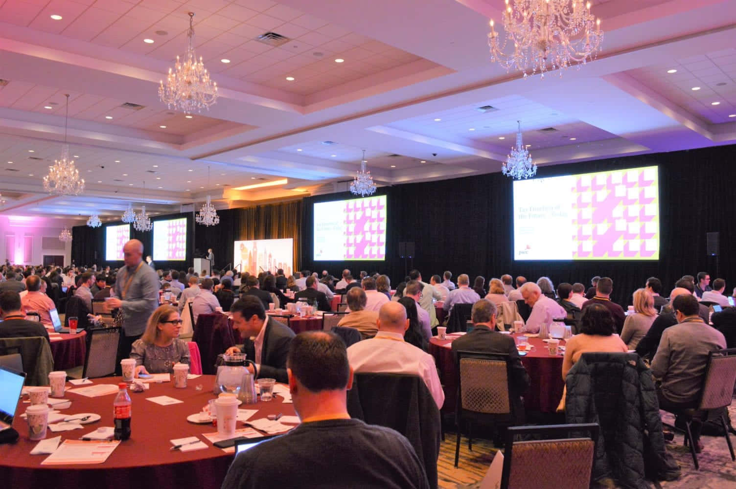 corporate event, conference hall, round tables, HD Desktop Wallpaper