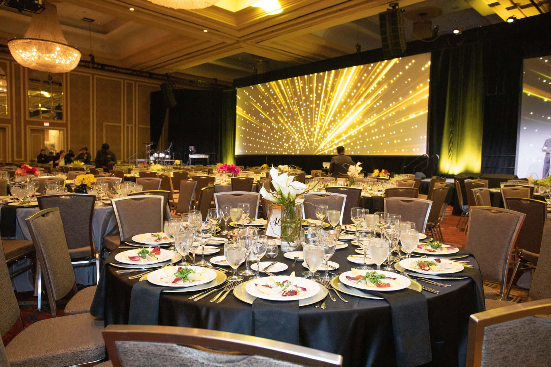 corporate event, banquet hall, round tables, Full HD Desktop Wallpaper