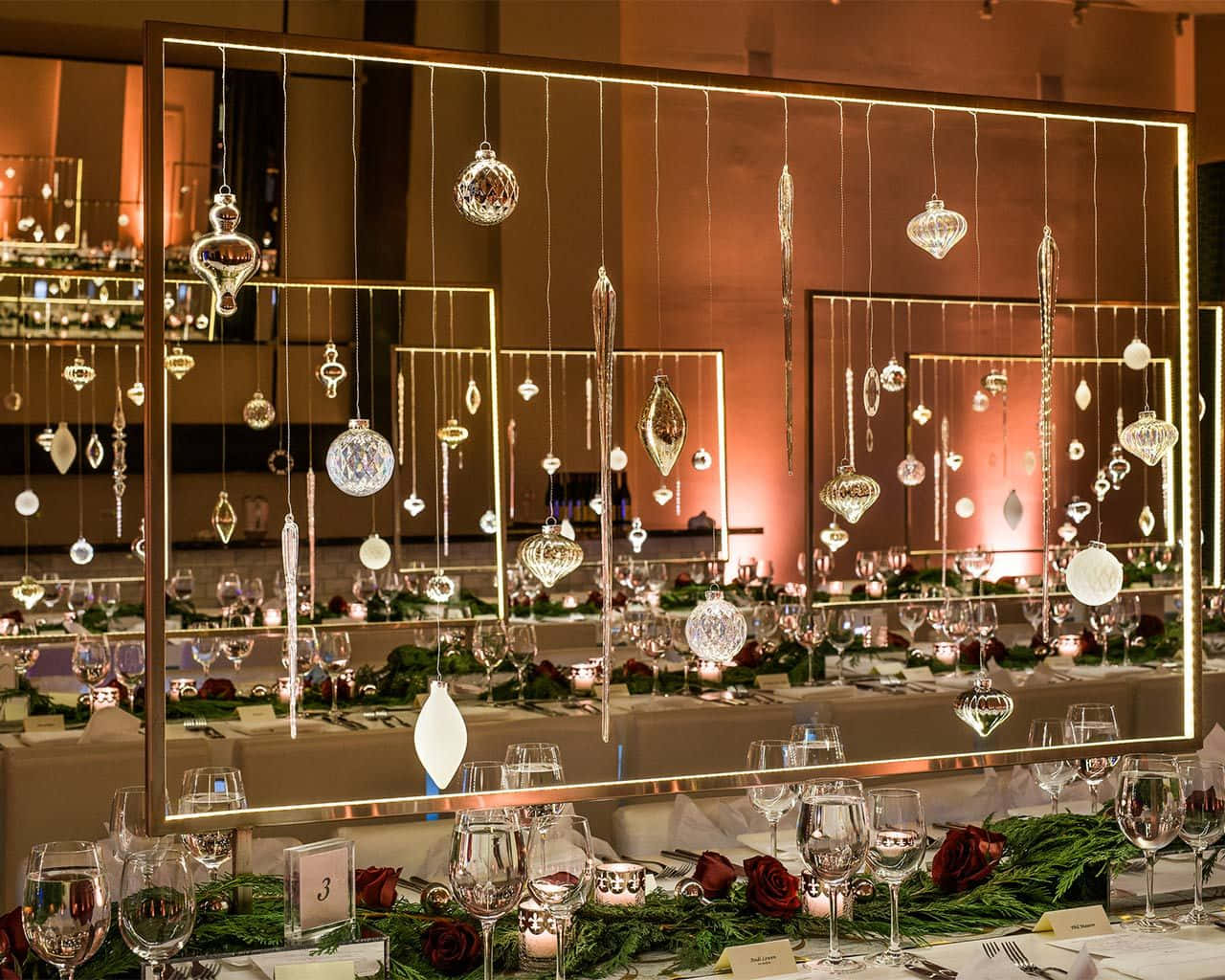 Corporate Event, banquet tables, glass ornaments, HD Desktop Wallpaper