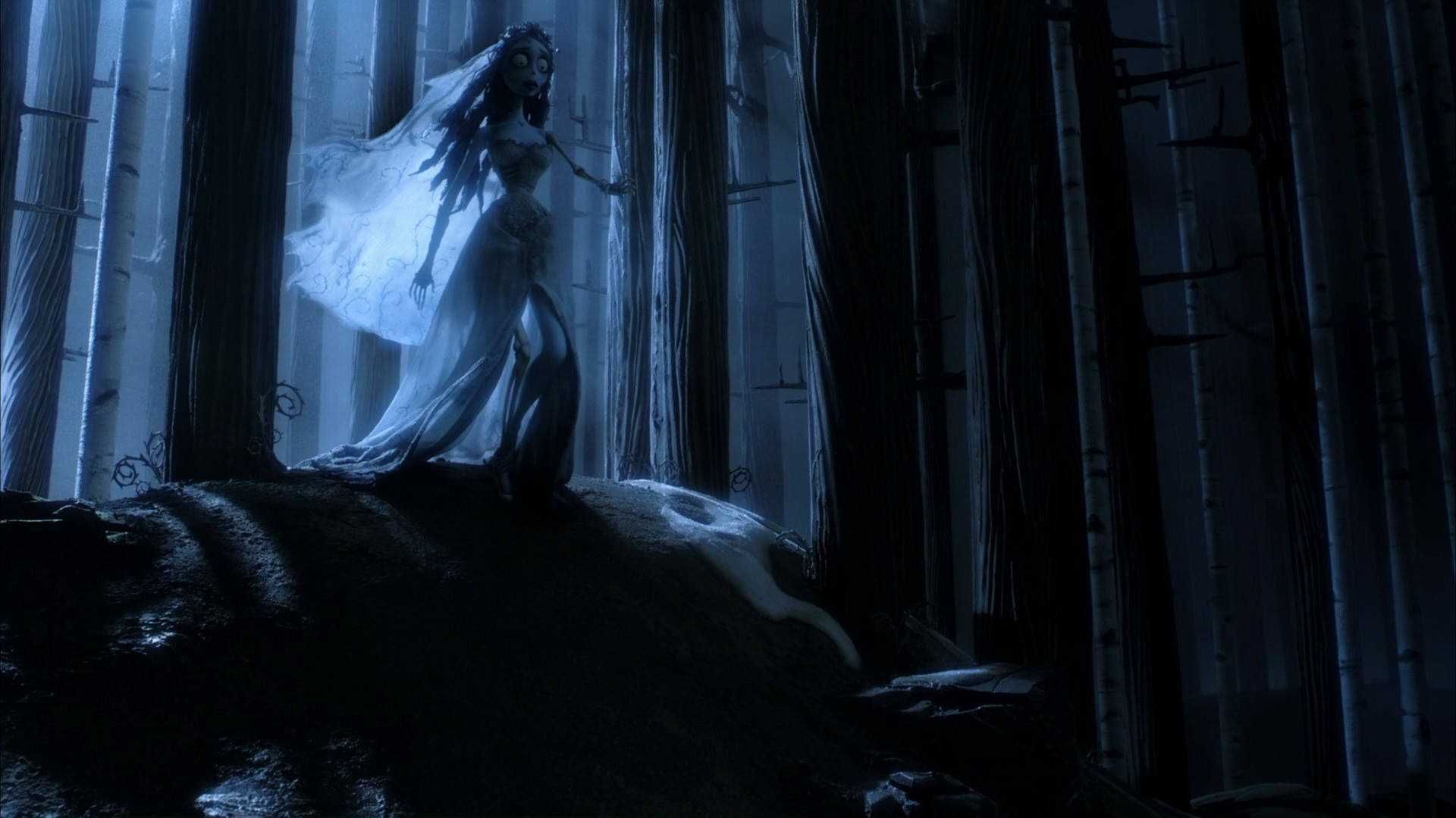 Corpse Bride, white gown, mossy mound, Full HD Desktop Wallpaper