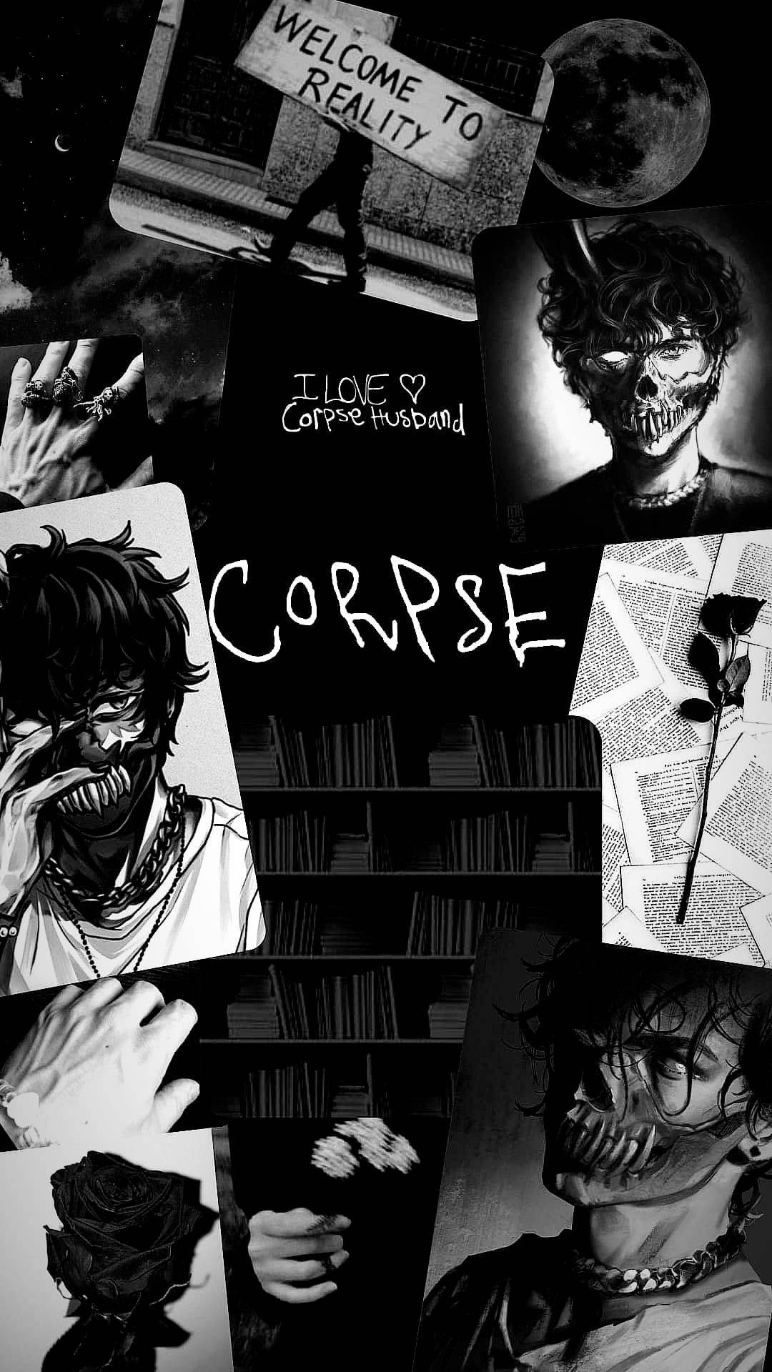 Corpse Husband, black aesthetic, eerie anime-style skull-faced characters, Full HD Phone Wallpaper