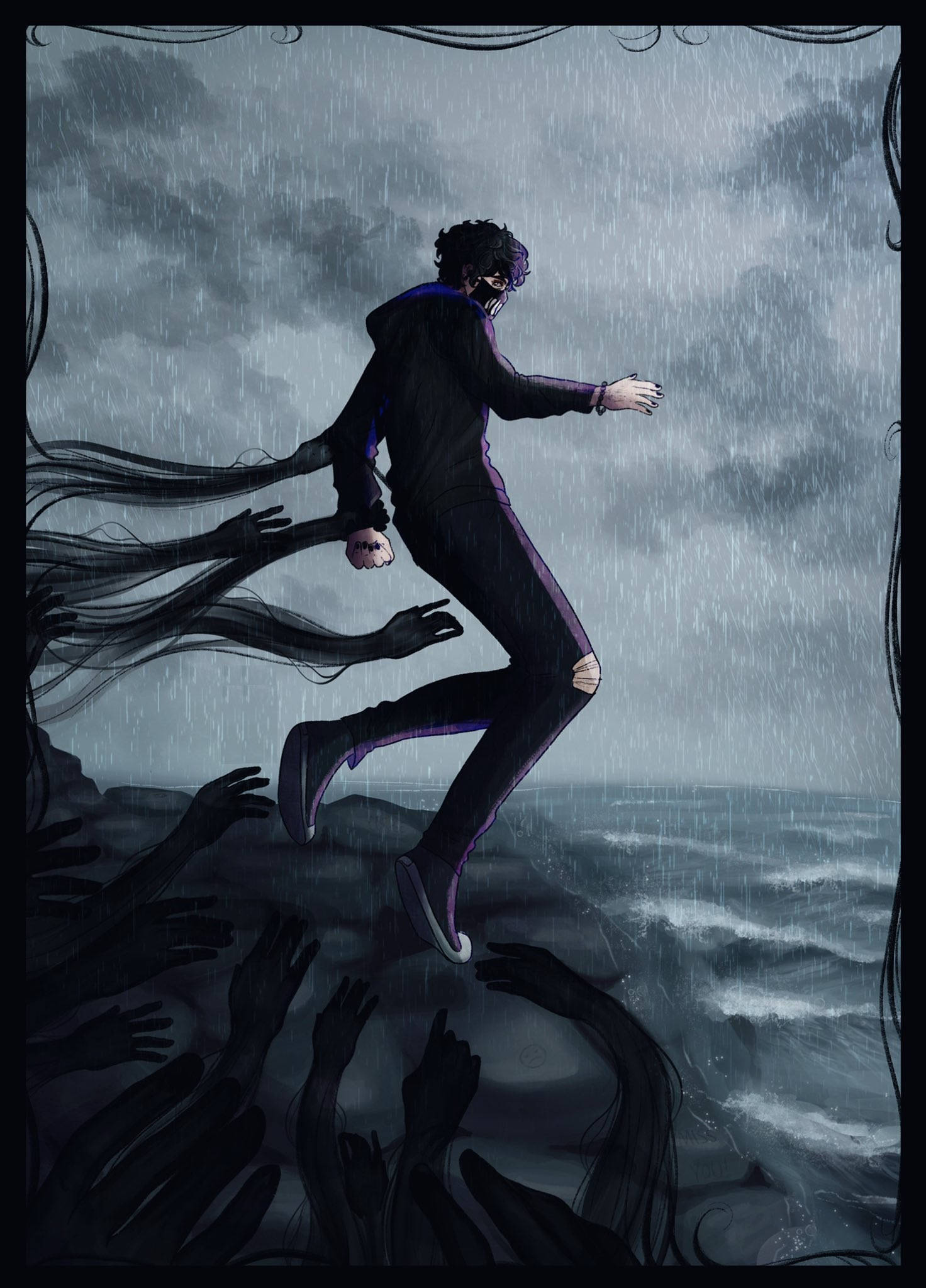 Corpse Husband, dark suit, stormy sea, Full HD Phone Wallpaper