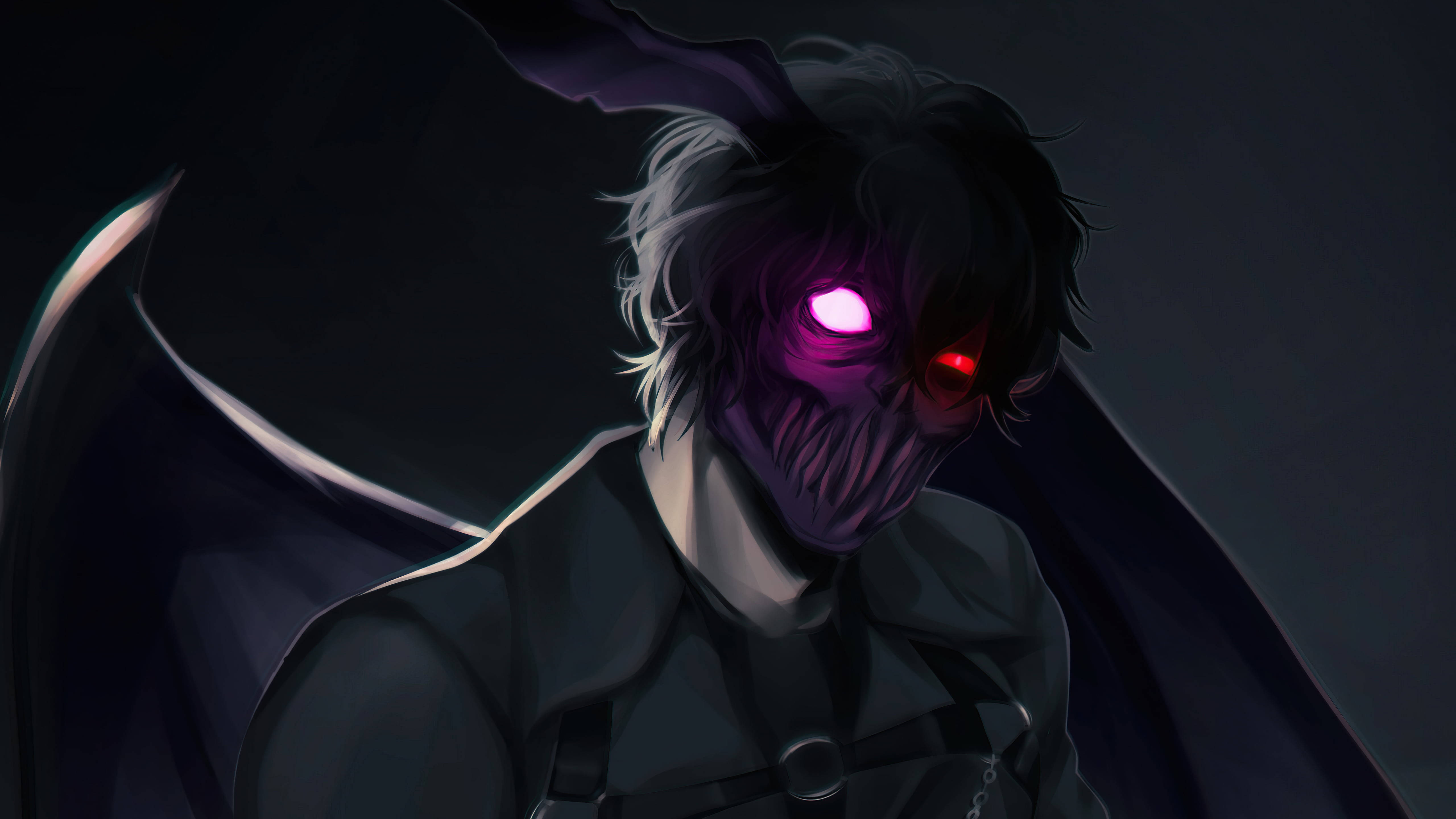 Corpse Husband, purple mask, glowing red and purple eyes, 5K Desktop Wallpaper