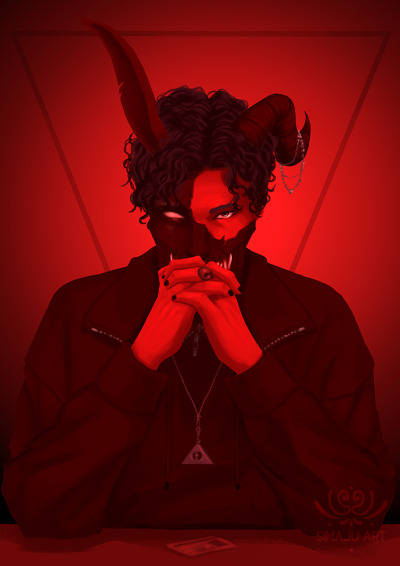 Corpse Husband, red-lit room, horns, SD Phone Wallpaper
