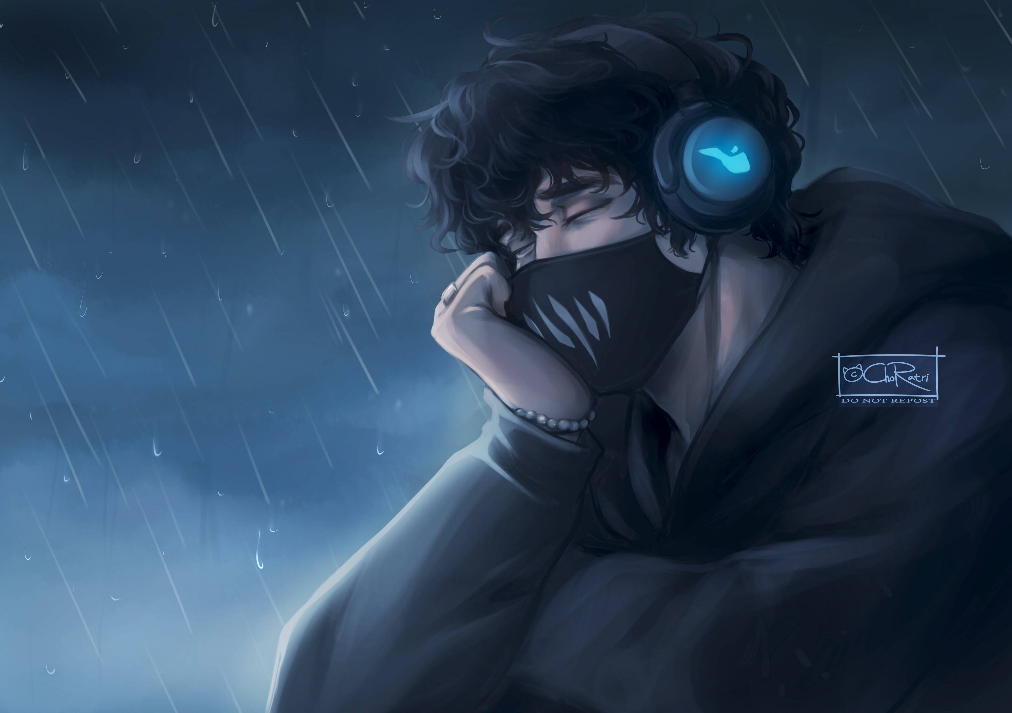 Corpse Husband, glowing headphones, mask, 2K Desktop Wallpaper
