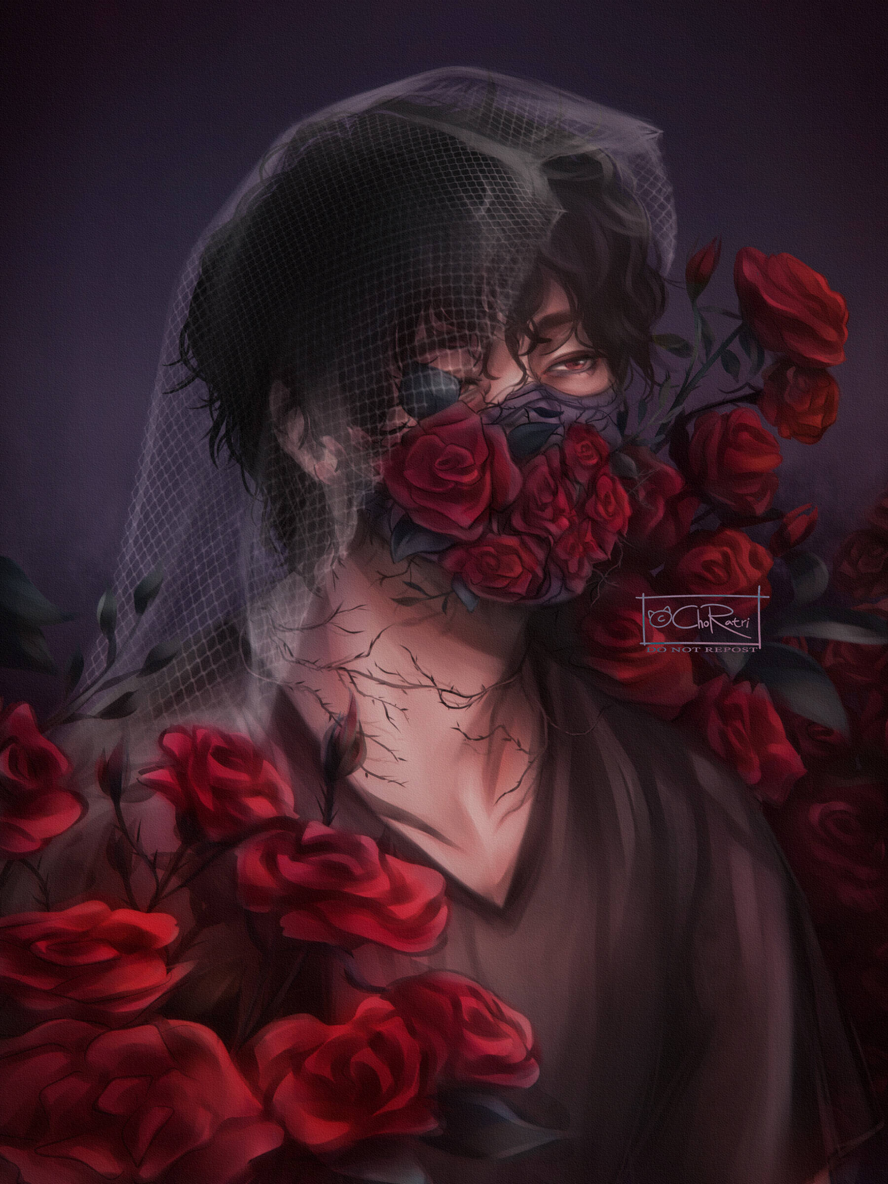 Corpse Husband, red roses, veiled figure, Full HD Phone Wallpaper