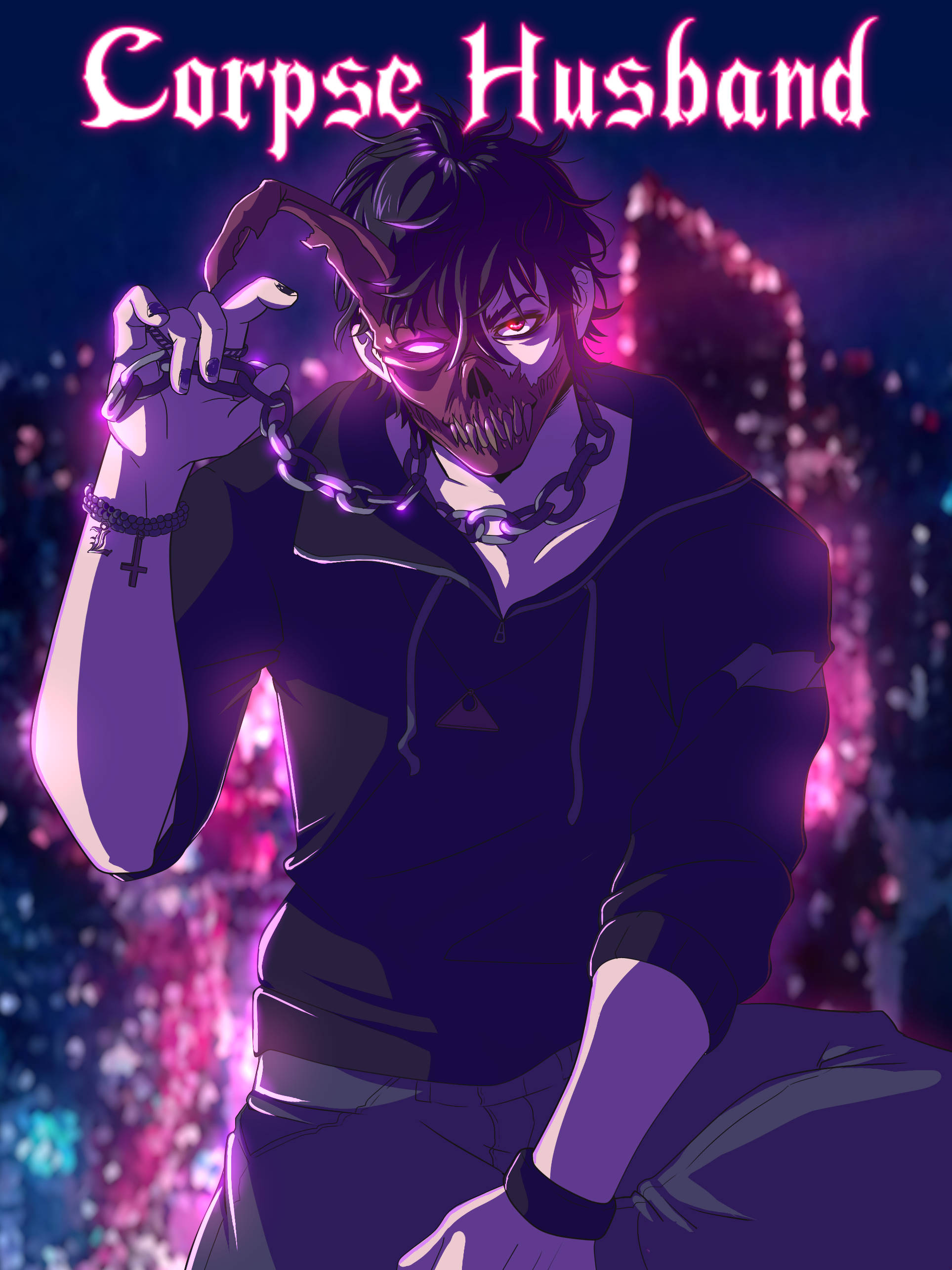 Corpse Husband, neon pink, glowing red eyes, 2K Phone Wallpaper