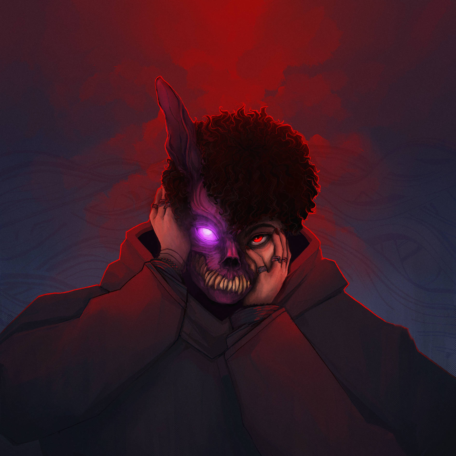 Corpse Husband, red smoke, half-skull half-human face, HD Desktop Wallpaper