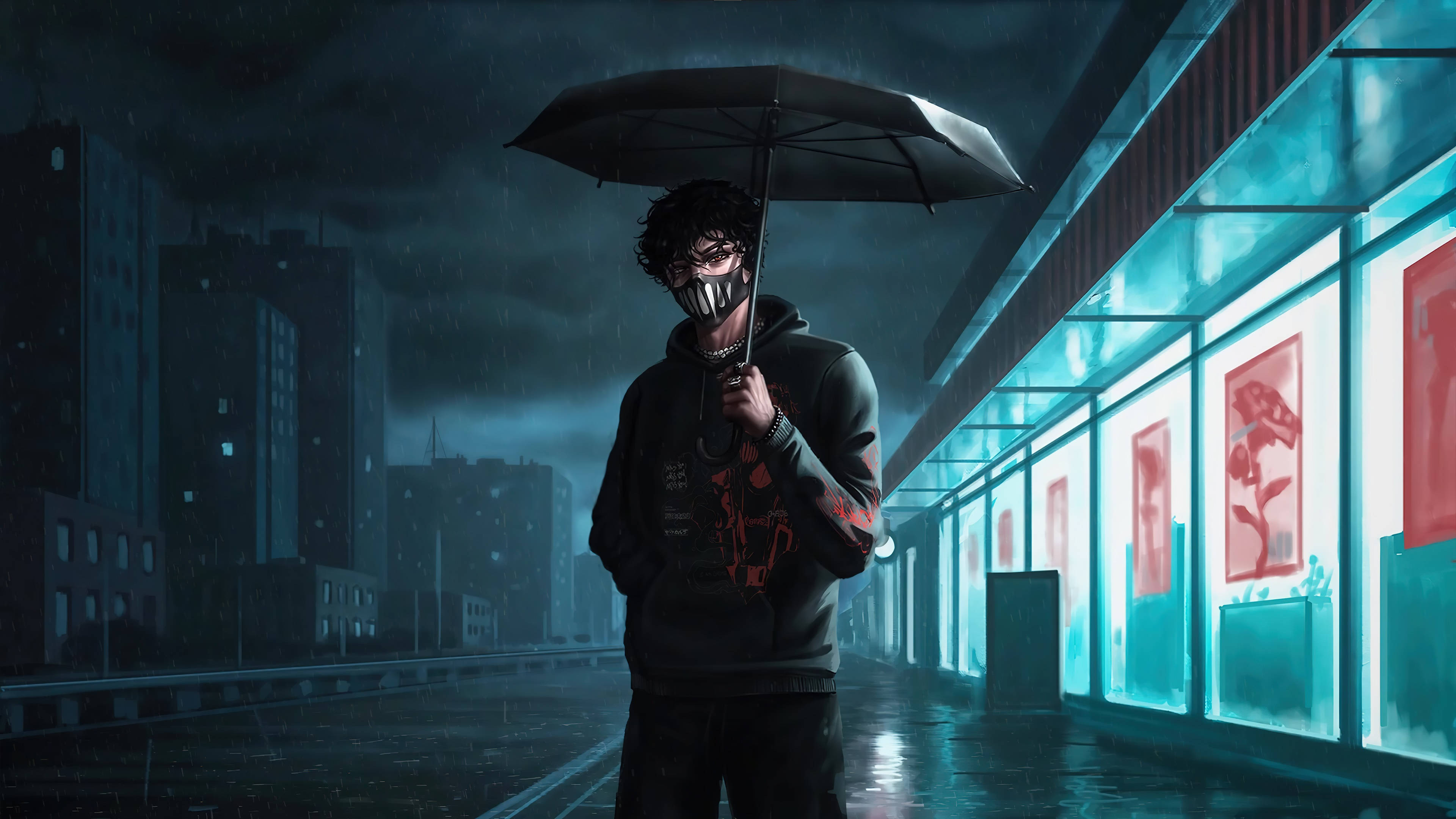 Corpse Husband, umbrella, neon-lit rainy urban street, 4K Desktop Wallpaper