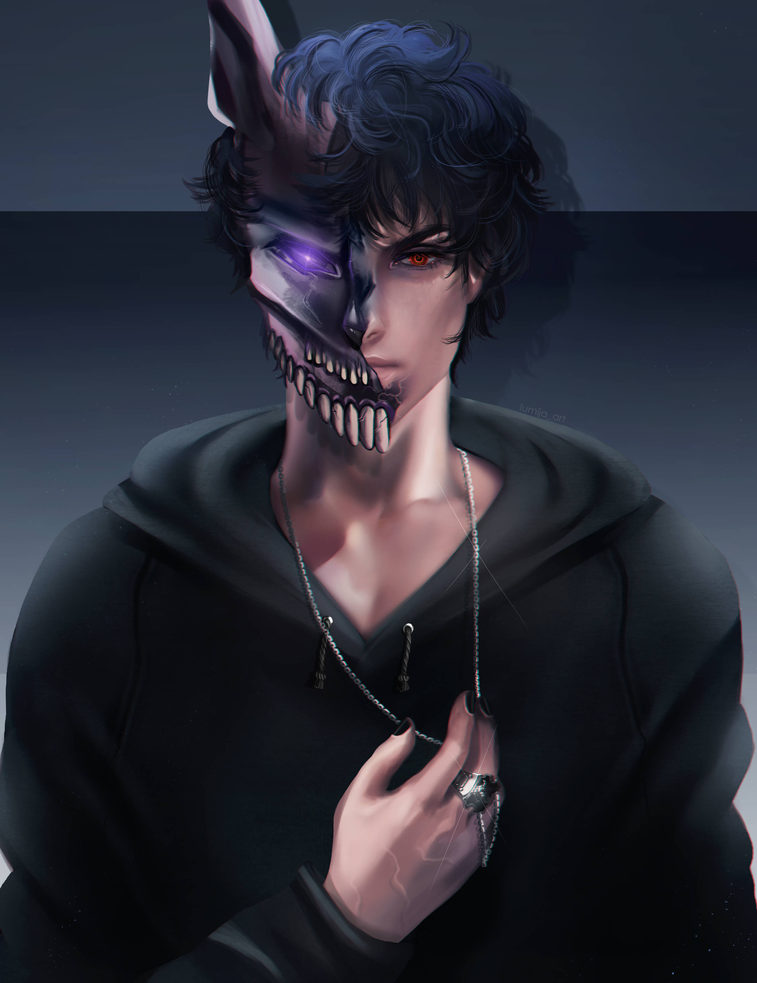 Corpse Husband, half-human half-skull face, glowing purple eye, 2K Phone Wallpaper
