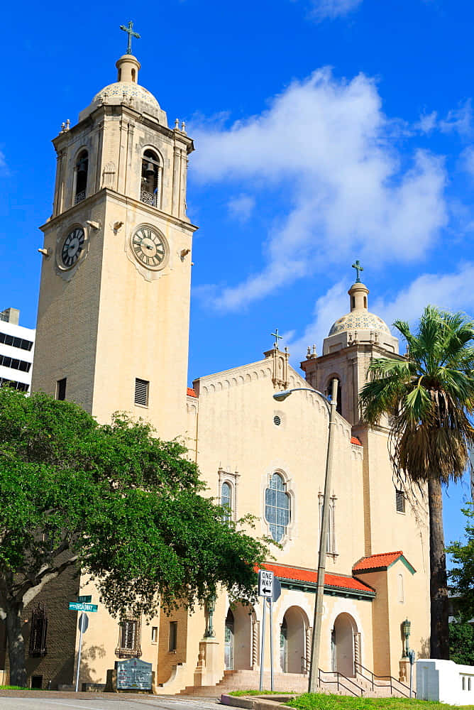 Corpus Christi, historic church tower, beige church, SD Phone Wallpaper