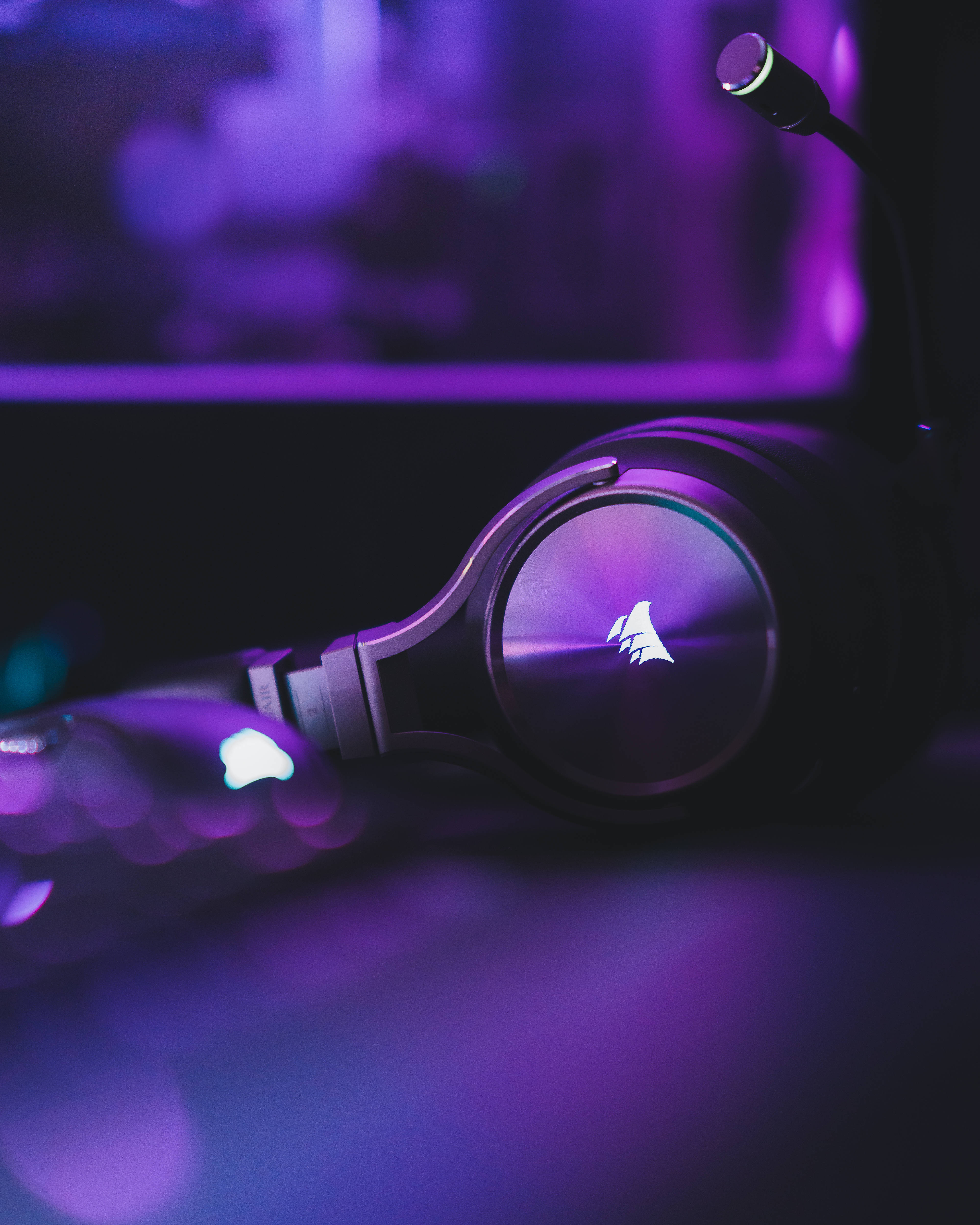 Corsair, purple aesthetic, gaming headset, 4K Phone Wallpaper
