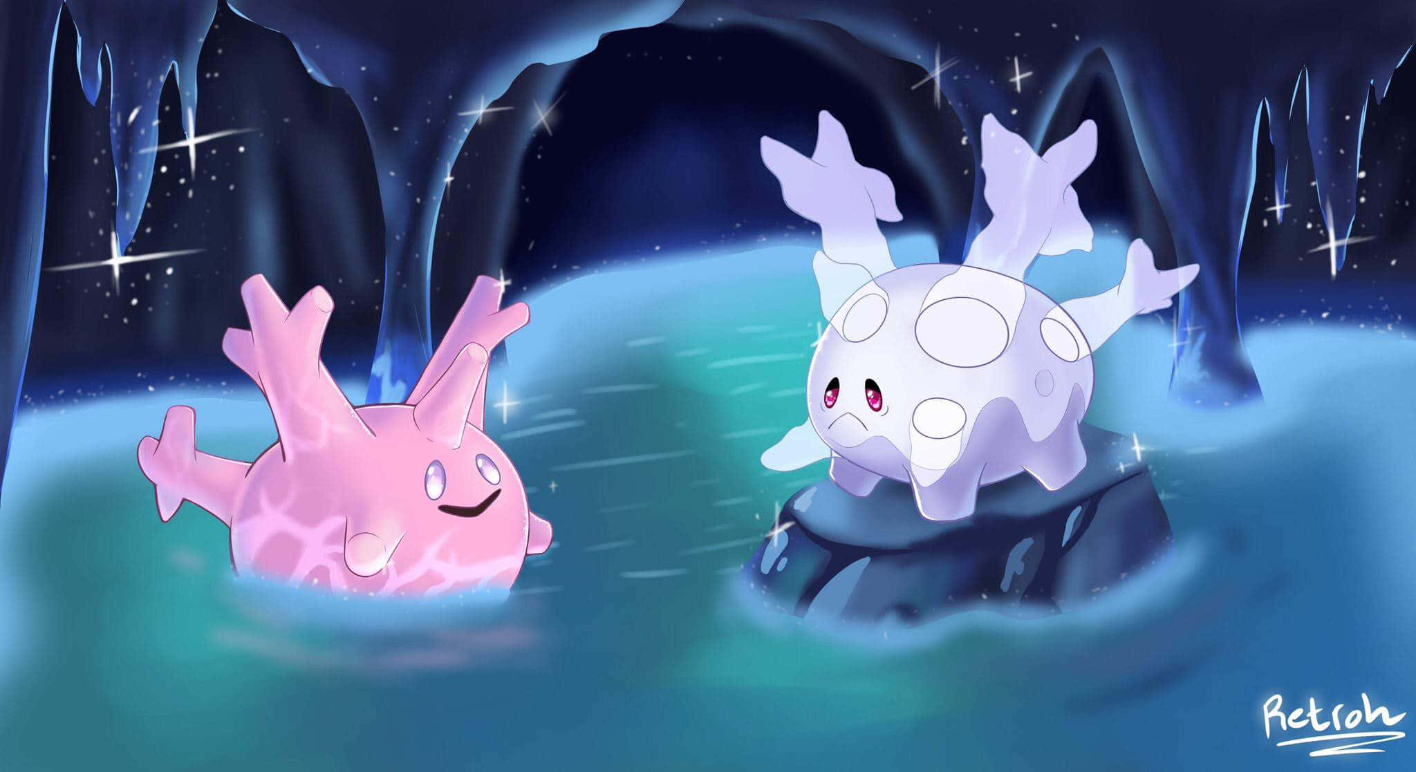 Corsola, glowing blue cave, starry water, Full HD Desktop Wallpaper