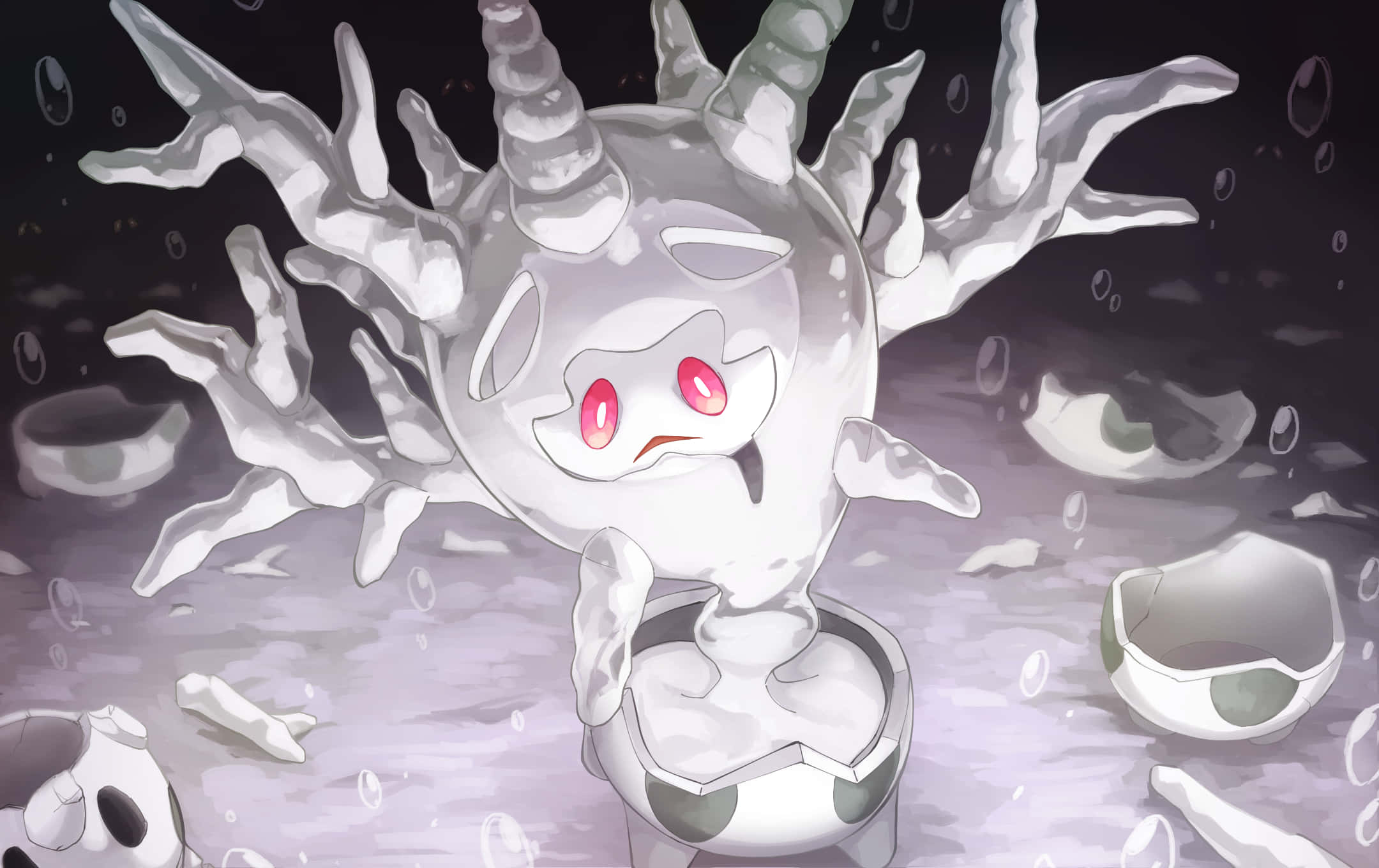 Shiny Corsola, ghostly white anime creature, red eyes, Full HD Desktop Wallpaper