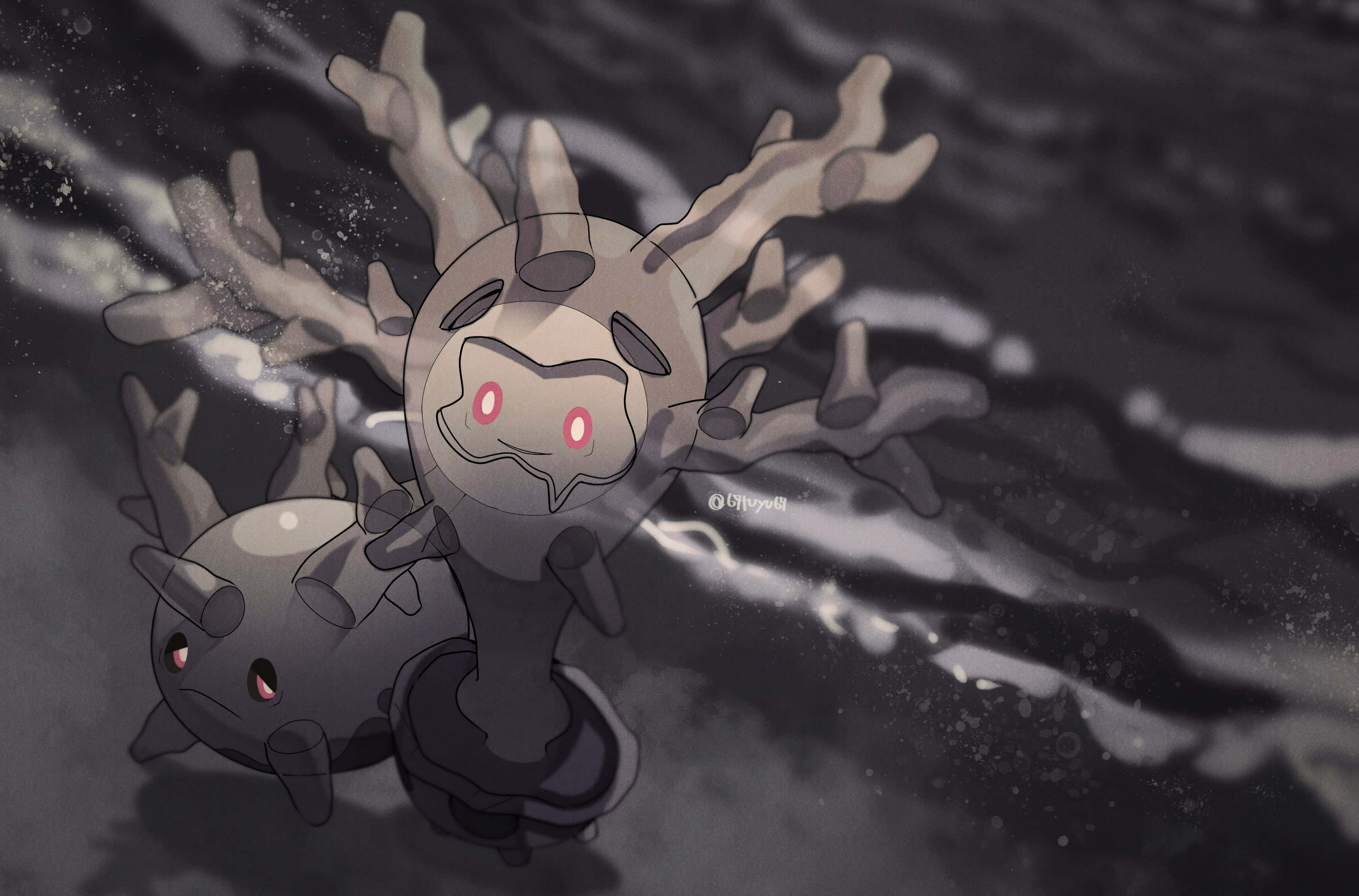Dark Corsola, ghostly Pokémon, glowing red eyes, 2K Desktop Wallpaper